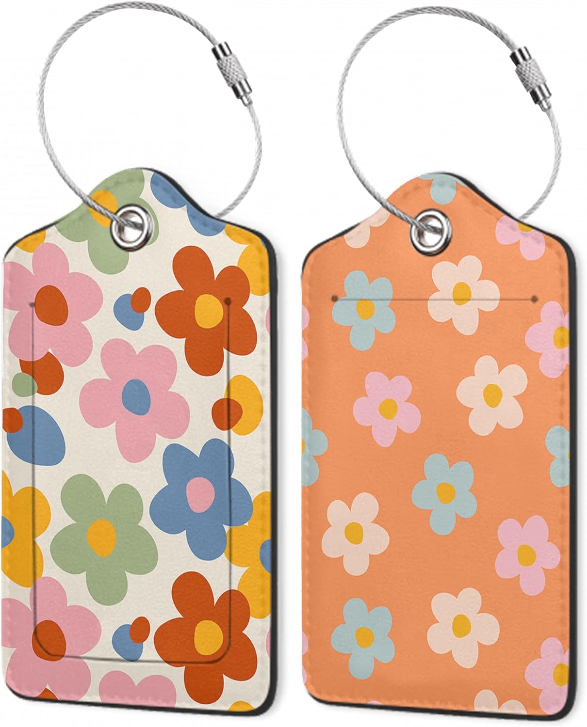 2 Pack Luggage Tags,Leather Suitcase Tags with Privacy Cover Name Address Labels& Durable Steel Loop for Men/Women Travel Bag Suitcases(Vintage Groovy Flowers)