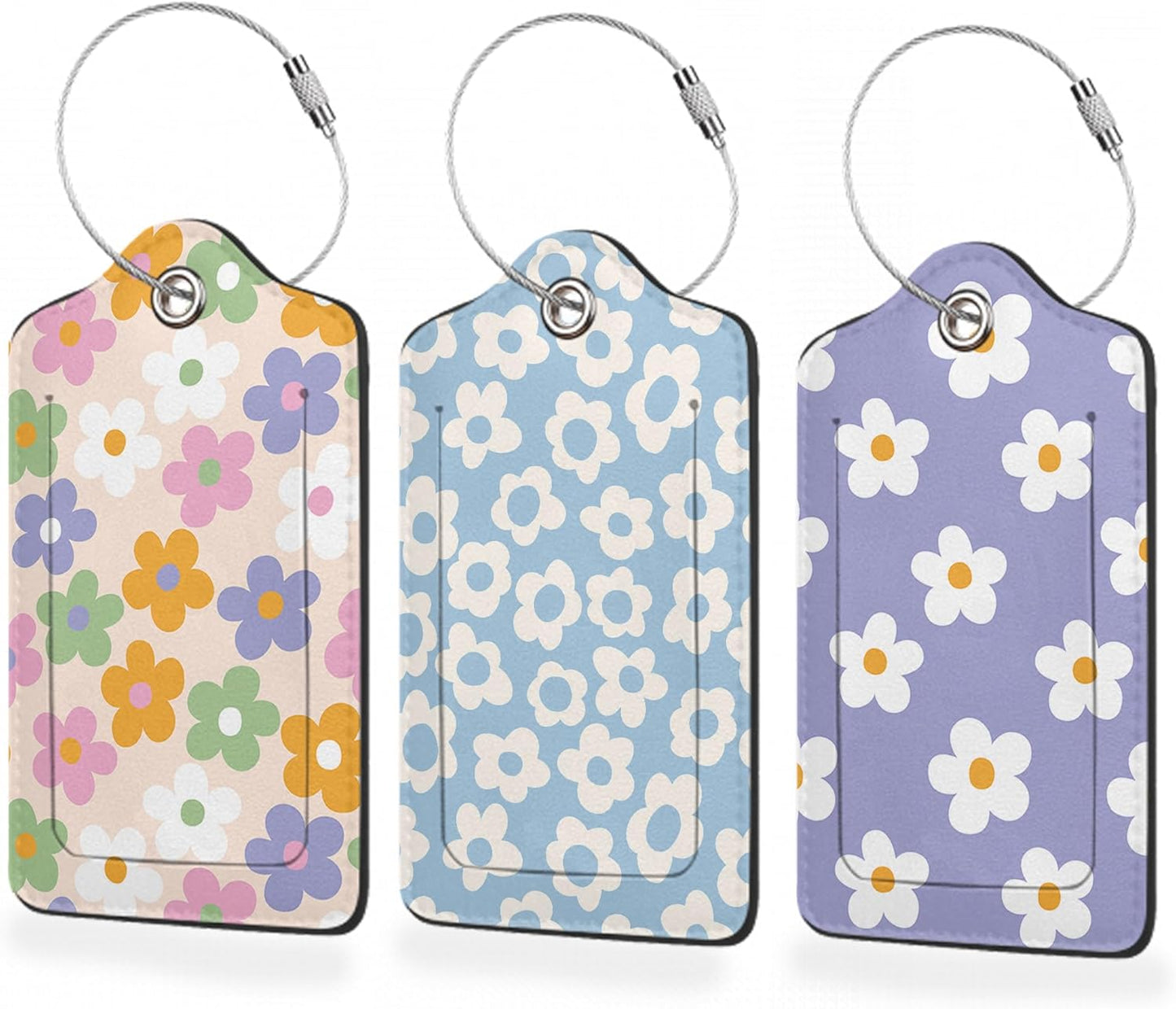 3 Pack Luggage Tags,Leather Suitcase Tags with Privacy Cover Name Address Labels& Durable Steel Loop for Men/Women Travel Bag Suitcases(Vintage Groovy Flowers)