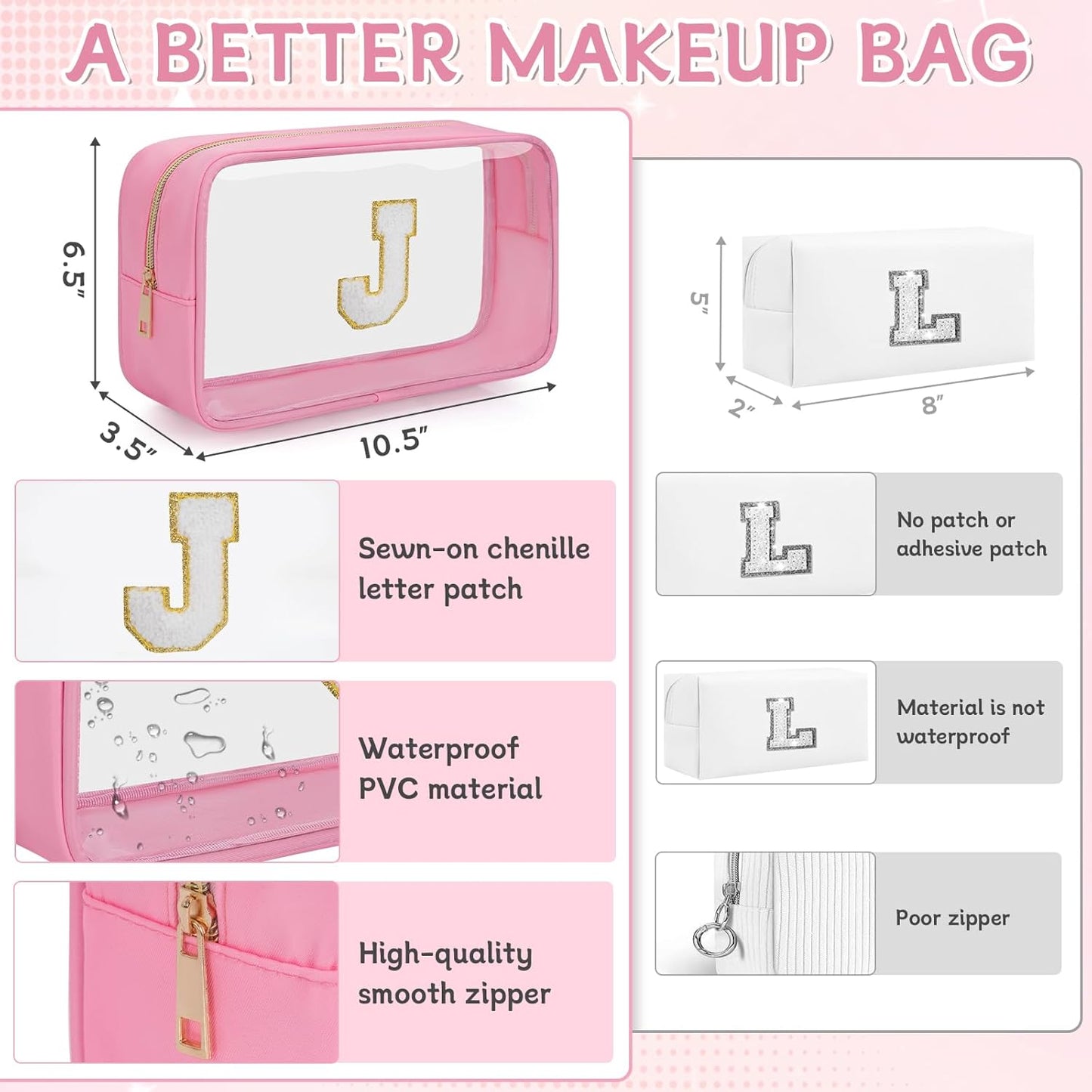 Personalized Initial Clear Makeup Bag, Travel Chenille Patch Cosmetic Bag, Preppy Toiletry Bag Monogram Cosmetic Pouch with Zipper, Ideal Gift for Teen Girls Women (Clear-Pink, J)