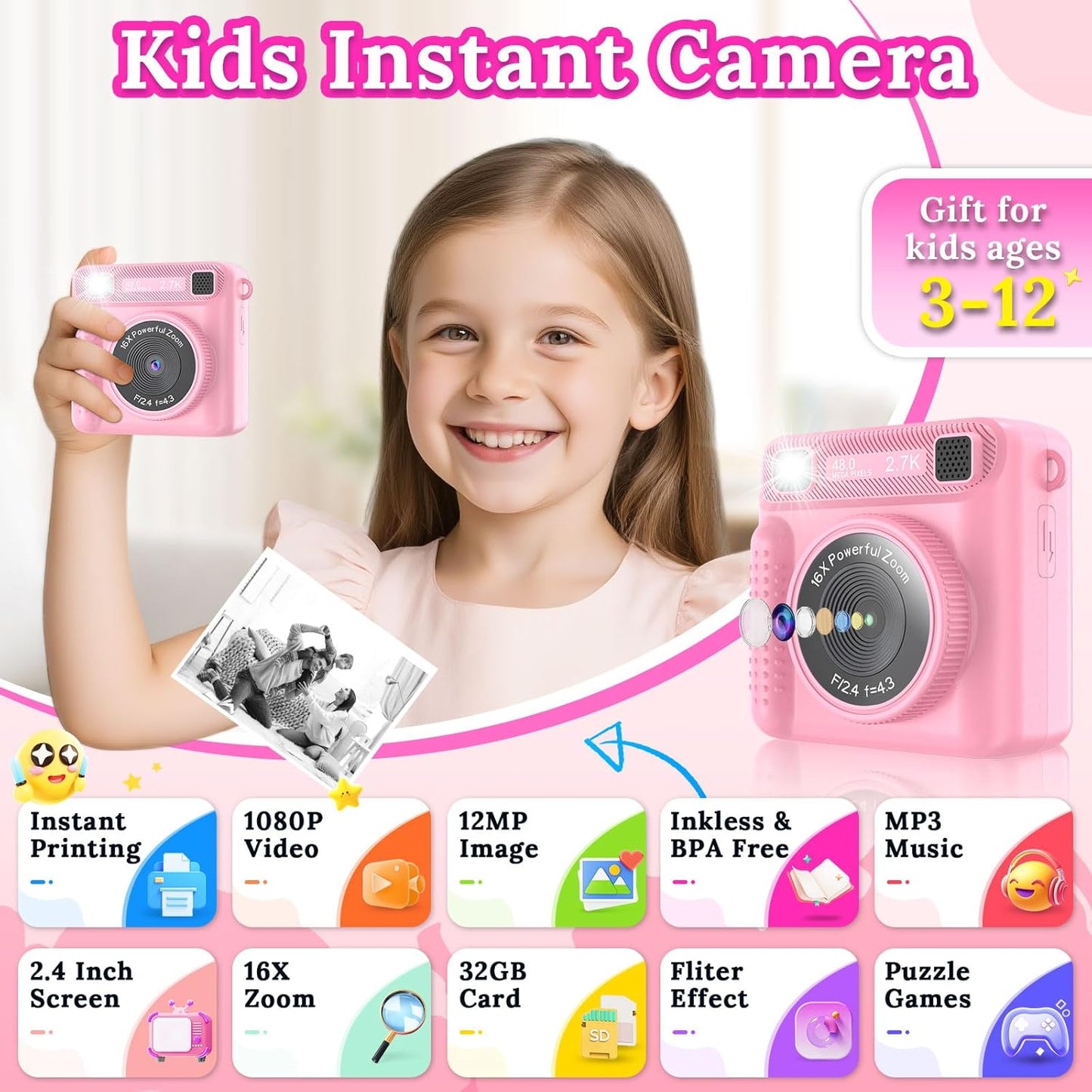 Kids Instant Print Camera - Christmas & Birthday Gift for Boys and Girls Ages 3-12, HD Digital Video Camera Toy with 3 Rolls Printing Paper & 32GB Card (Pink)