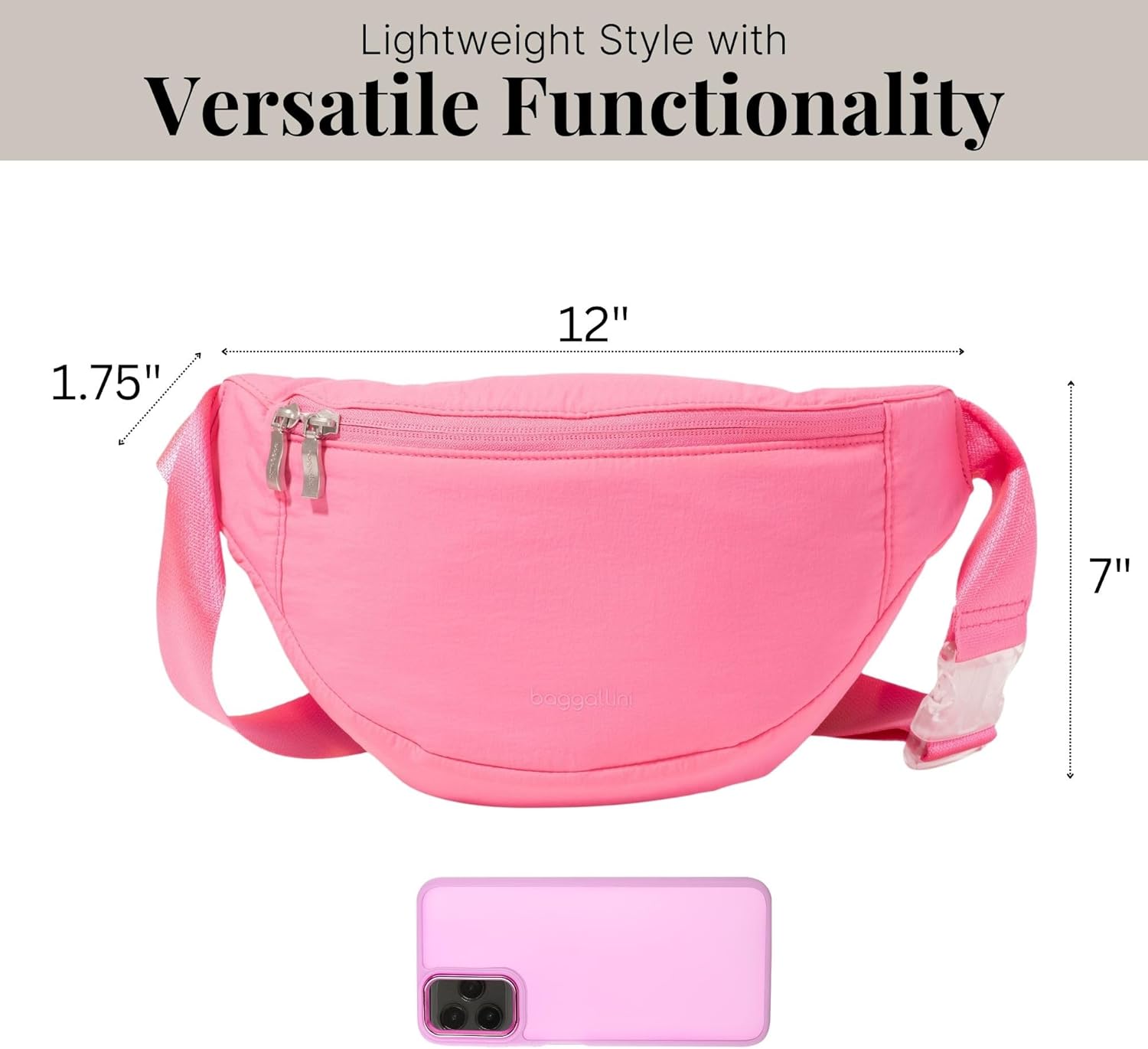 Baggallini Style Swift Belt Bag Sling Bag - Lightweight 12"x7" Crossbody Bag Fanny Pack Belt w/RFID