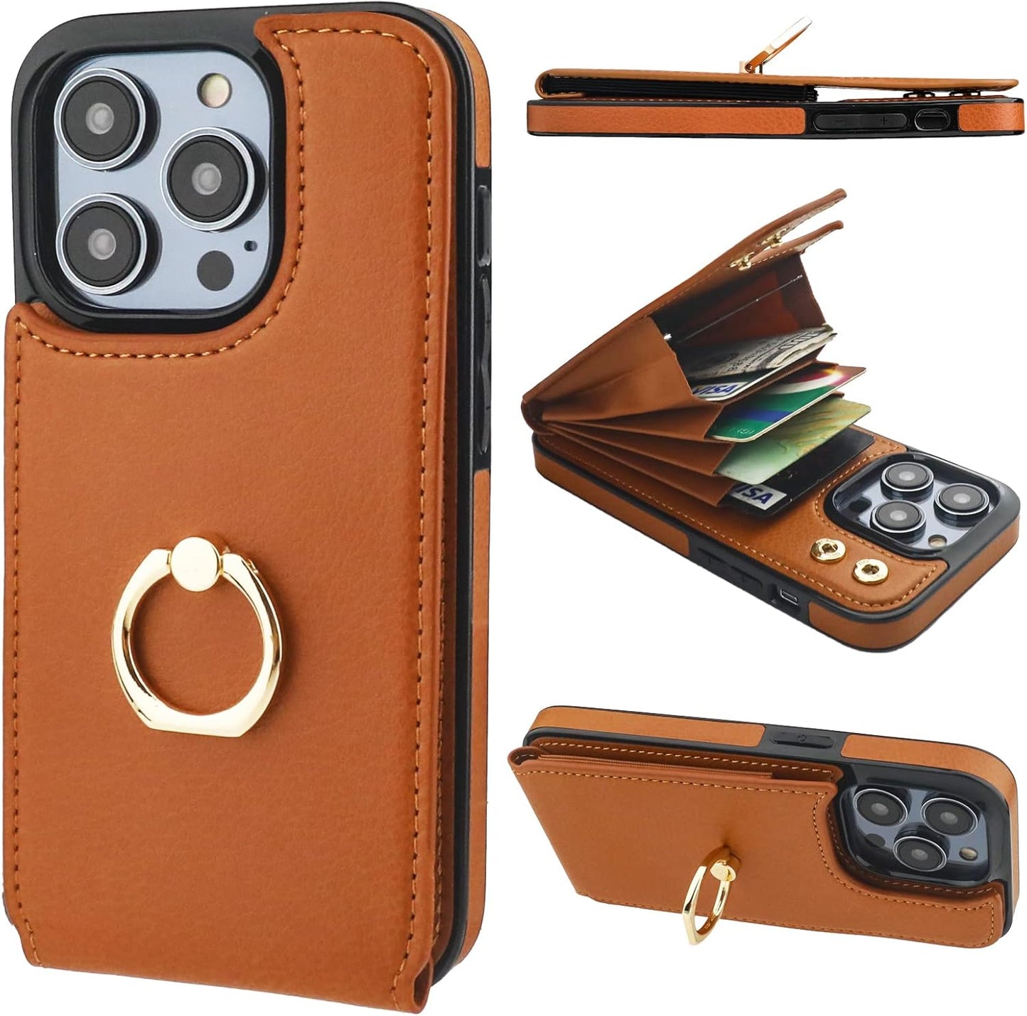 Folosu Compatible with iPhone 14 Pro Case Wallet with Card Holder, 360°Rotation Finger Ring Holder Kickstand, RFID Blocking Leather Protective Double Buttons Shockproof Cover 6.1 Inch Brown