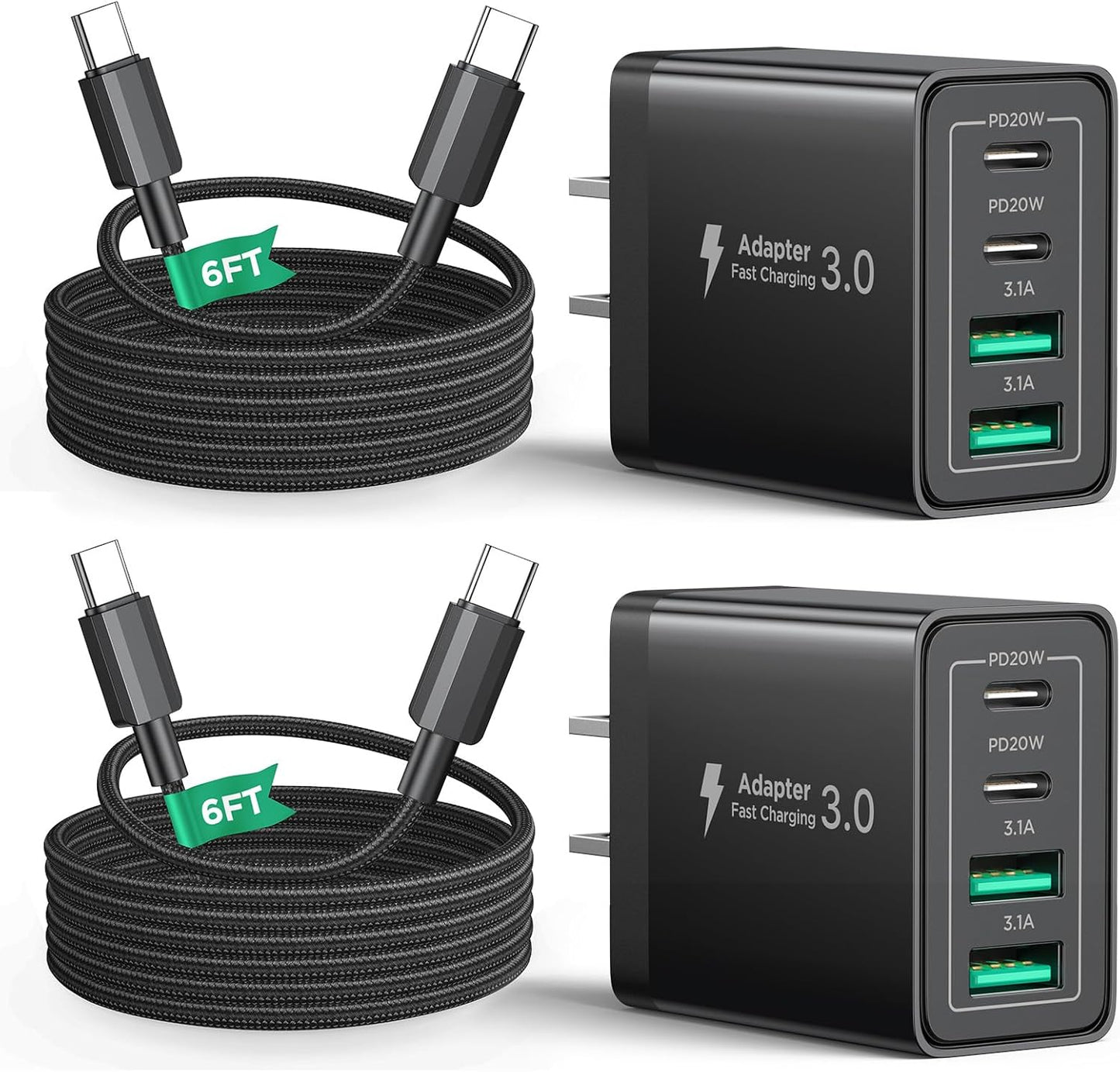 40W USB C Charger Cube, 2Pack 4-Ports Wall Plug Fast Charging Block with 6FT USBC to USBC Cord