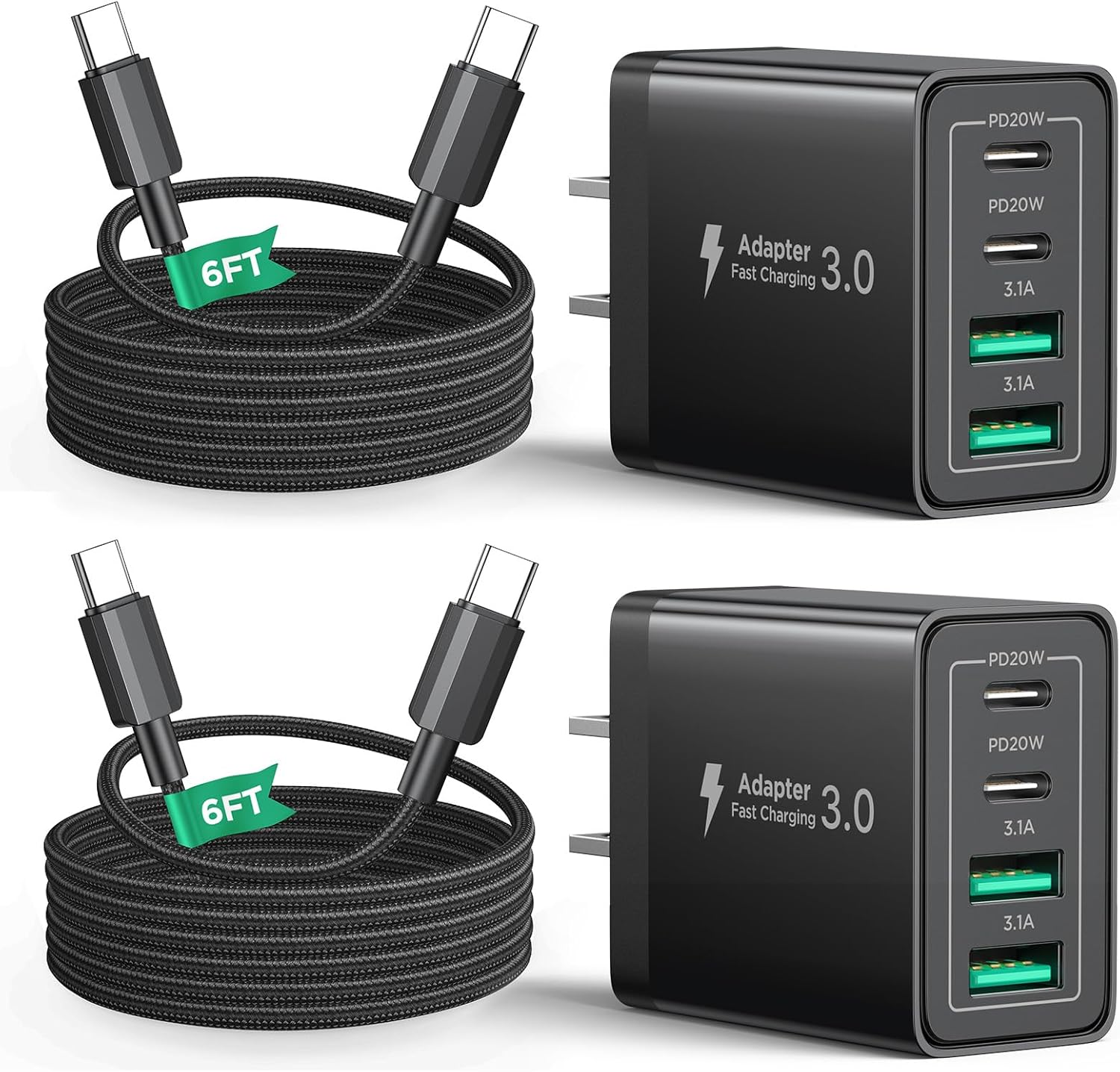 40W USB C Charger Cube, 2Pack 4-Ports Wall Plug Fast Charging Block with 6FT USBC to USBC Cord