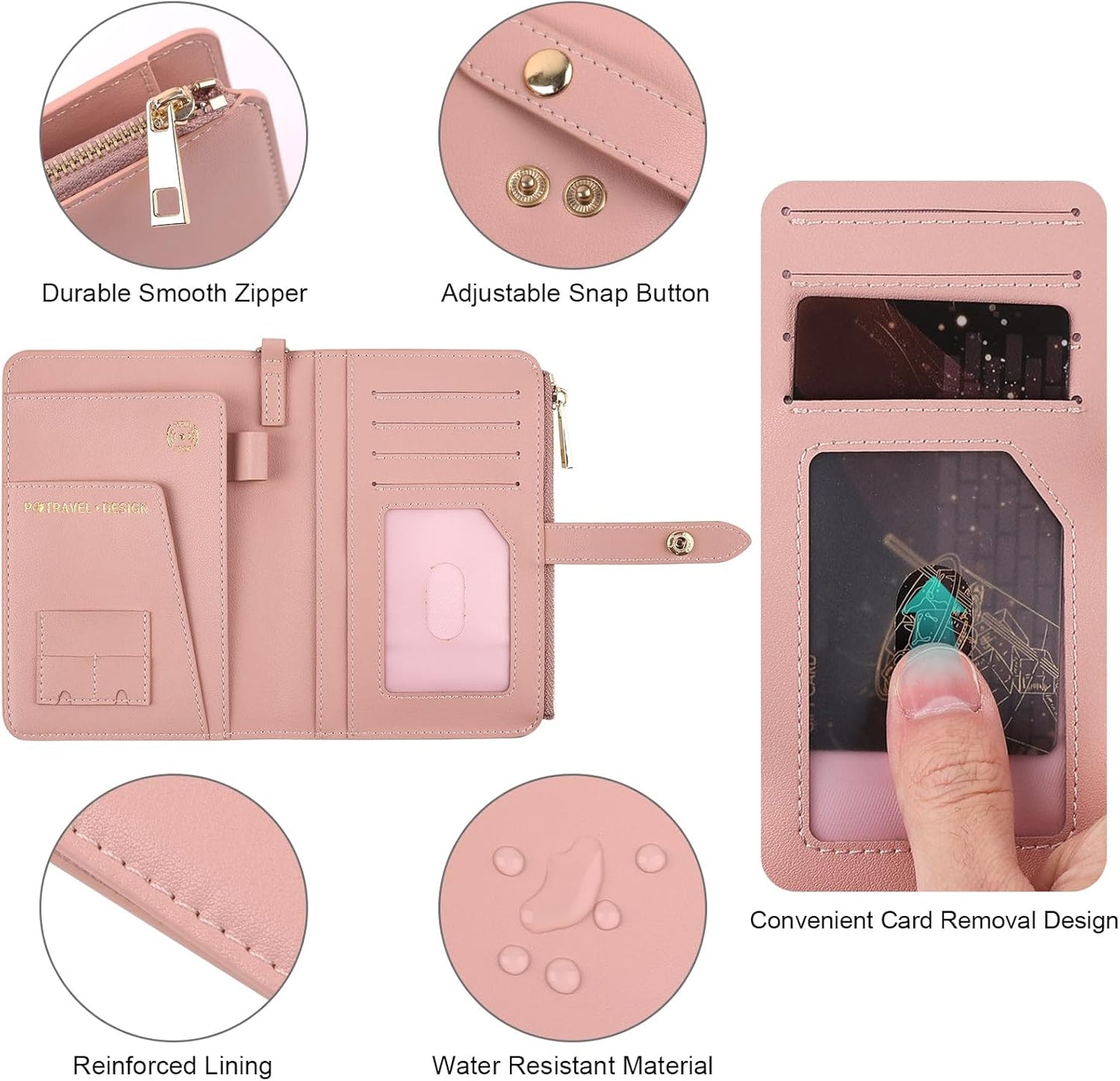 Real Leather Wallet Waterproof RFID Passport Holder Family Travel Black (Pink)
