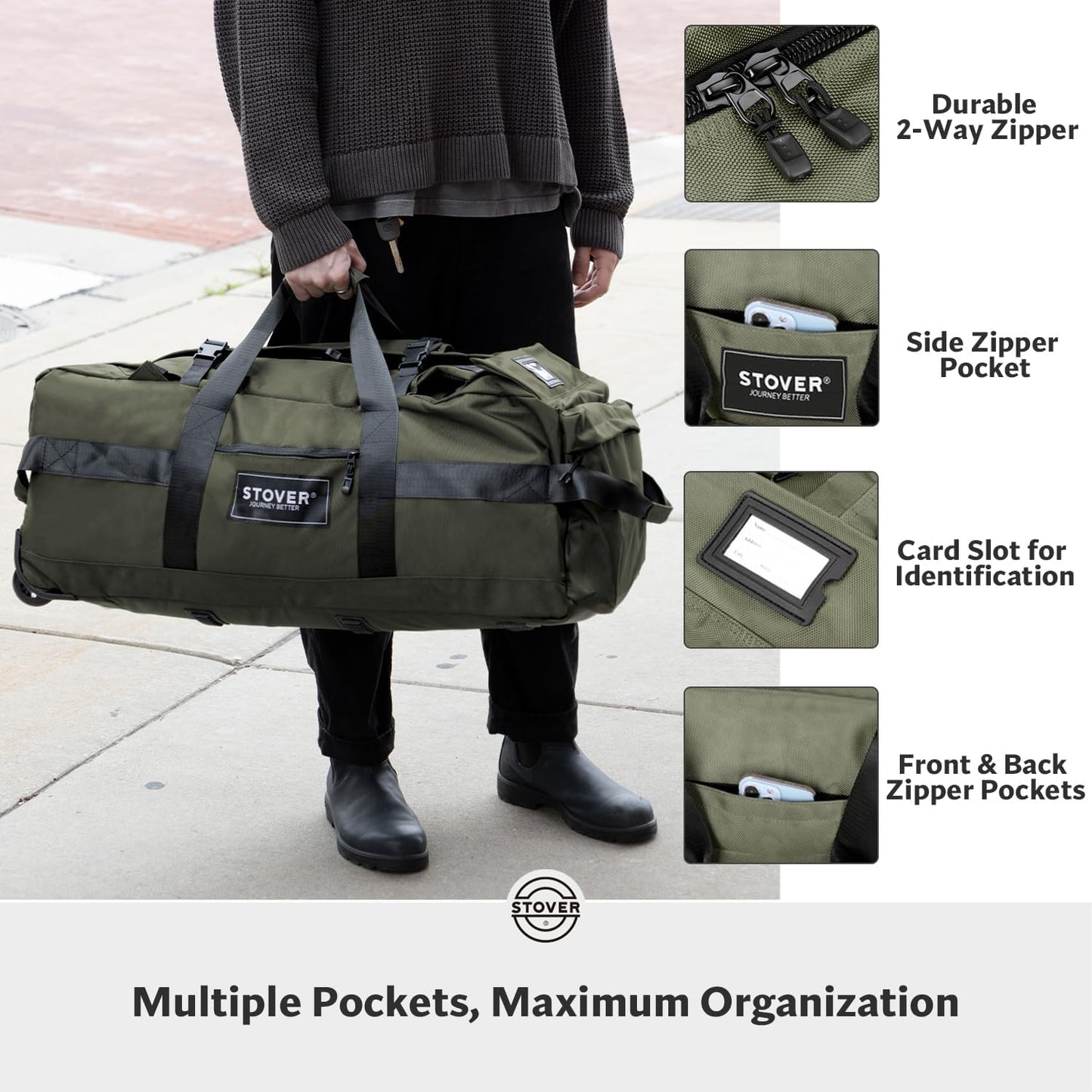 STOVER 80L Rolling Duffel Bag with Wheels, Large Durable Travel Duffle + Toiletry Bag, Heavy Duty, Packable, Foldable with Shoulder Straps- Use as Luggage or Backpack, Men/Women (Green)