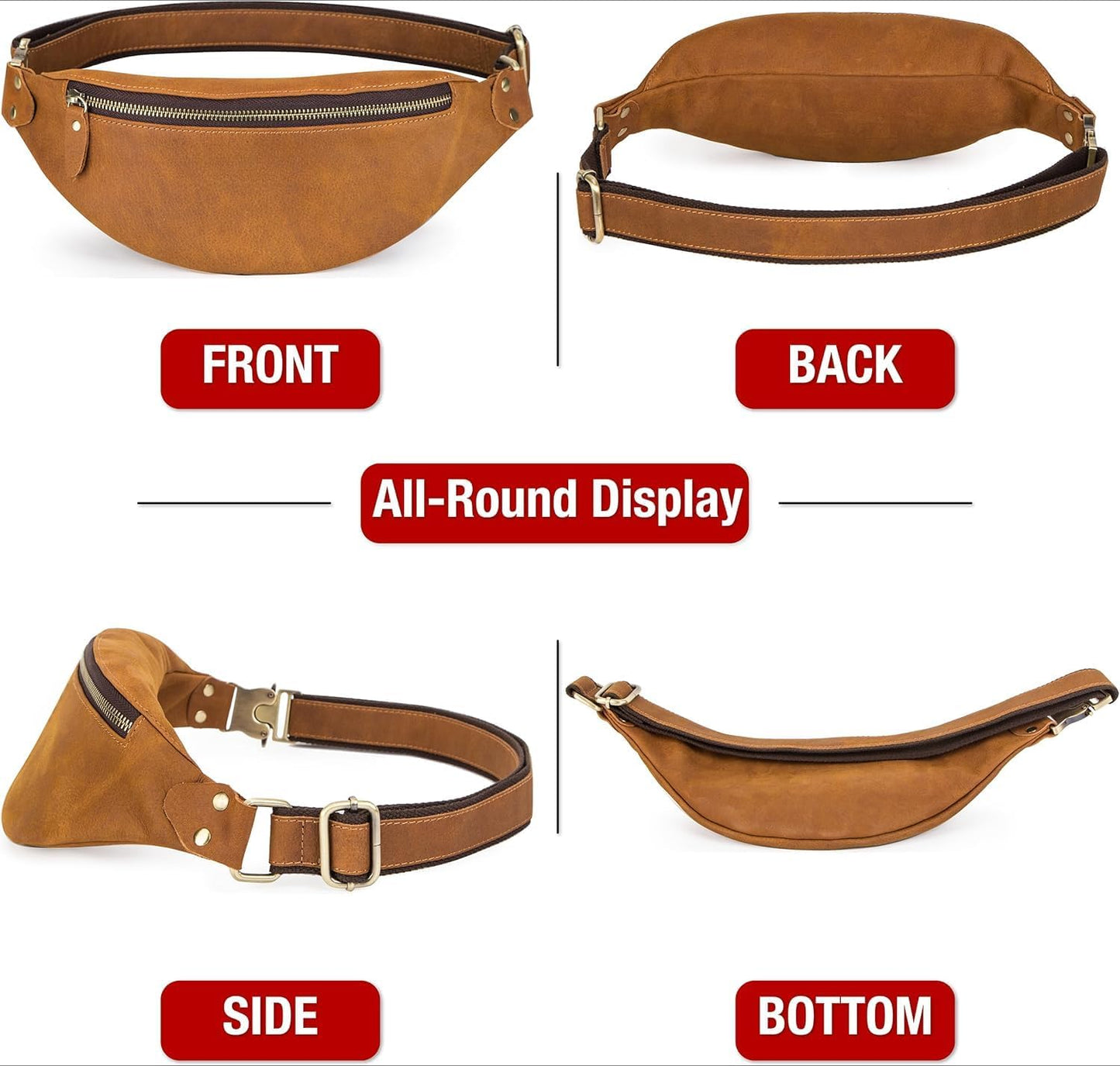 Slim Genuine Leather Waist Pack for Men Women Vintage Crossbody Fanny Pack Travel Riding Detachable Belt Bag (Vintage Brown)