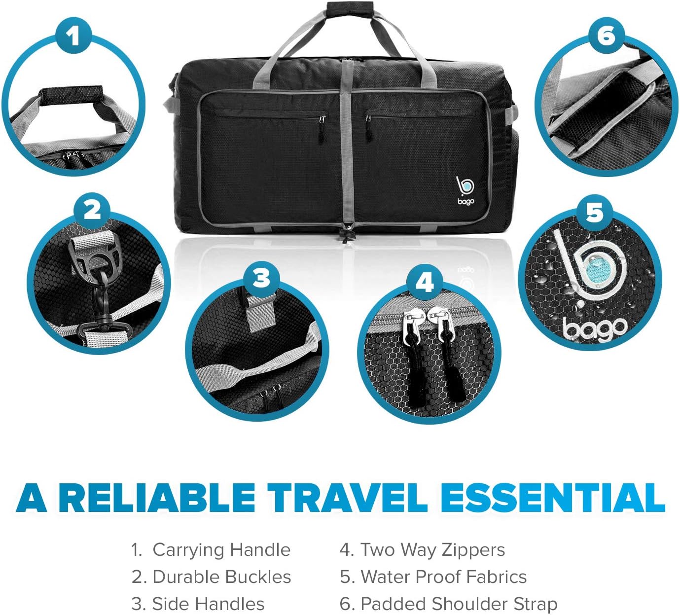 Bago Large Foldable Duffel Bags for Traveling Women & Men - 100L Packable Duffle Bag for Travel with Shoe Compartment - Water Repellant, Heavy Duty, Lightweight Folding & Collapsible (Black)