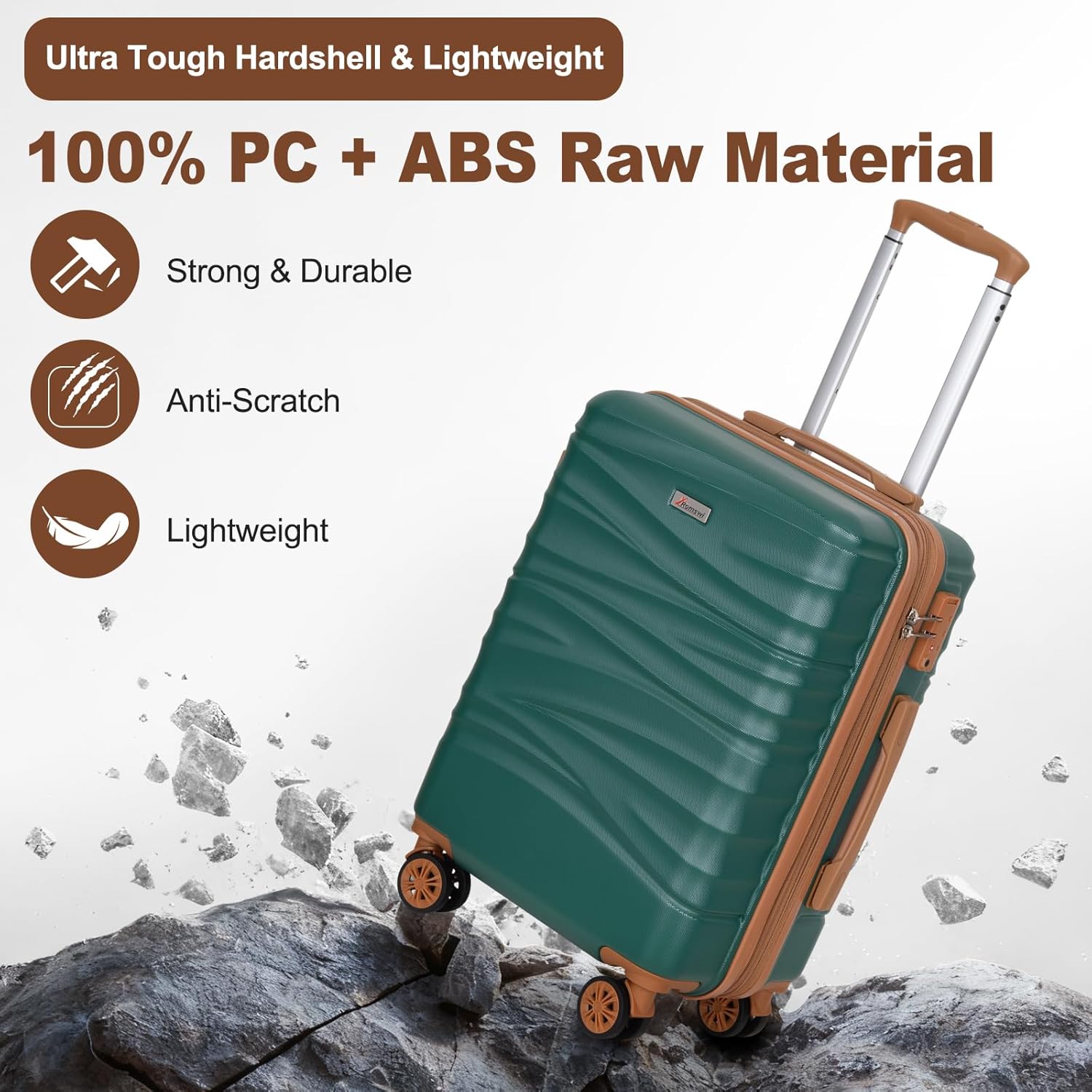 Romswi 3-Piece Luggage Set 20/24/28 Inch, Expandable PC+ABS Hardshell Suitcases, Durable