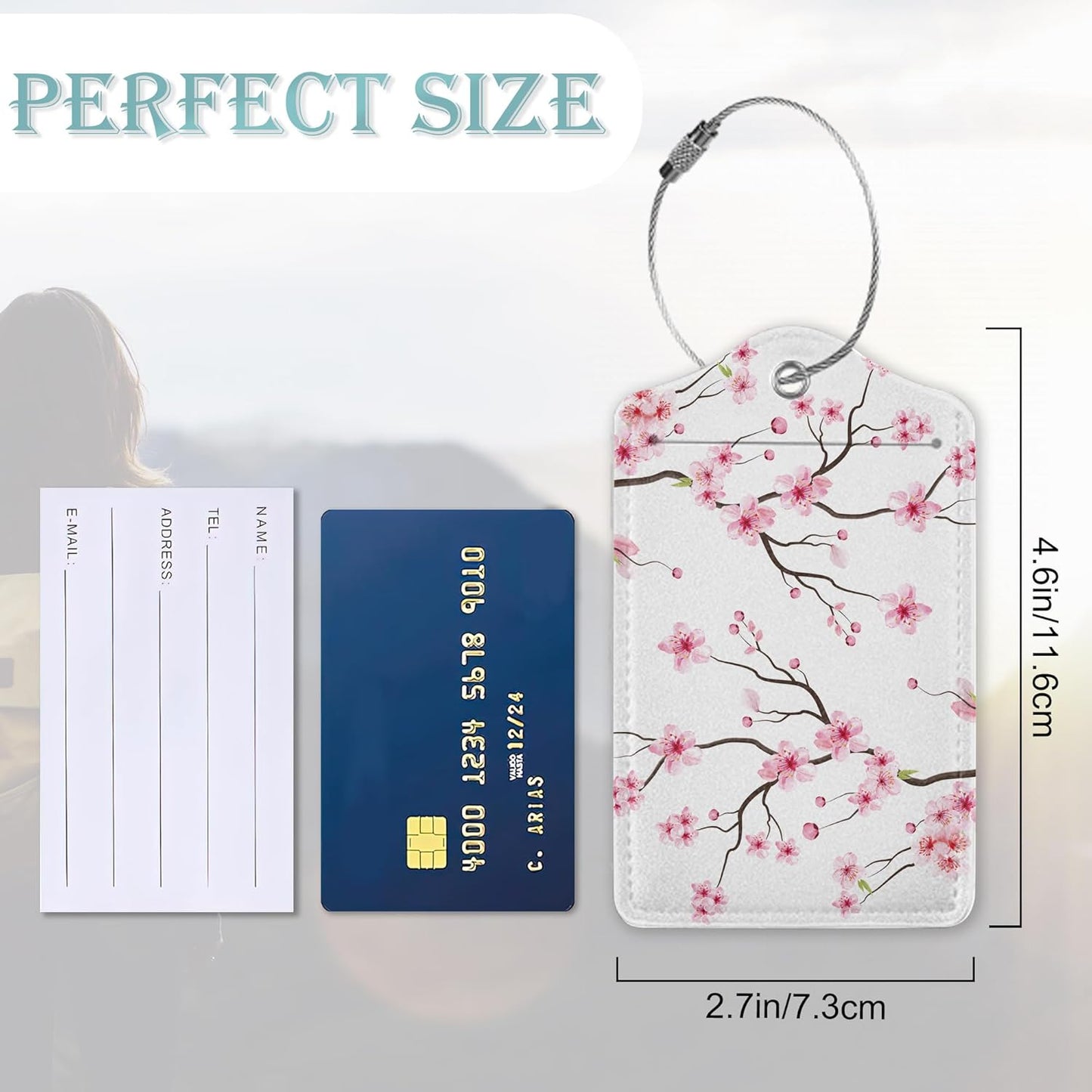 Luggage Tags for Suitcase,2 Pack Japanese Cherry Blossom Tree Luggage Tag PU Leather Privacy Cover