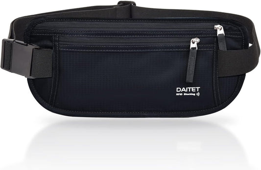 RFID Blocking Money Belt for Men Women, Slim Fanny Pack For Travel，Running,Conceal Waist Wallet For Passport Holder,Phone,Cash(Dark Black)