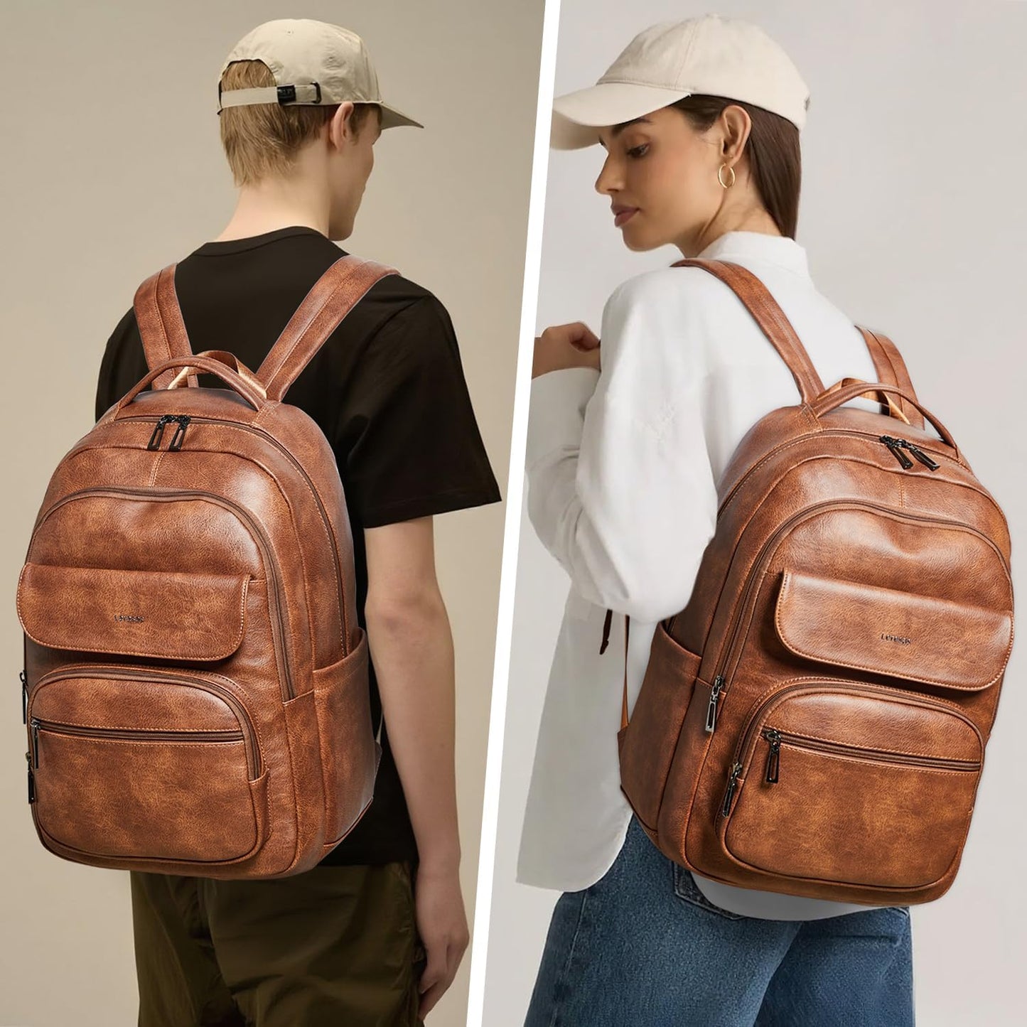 37L Backpack Purse for Women Men for Work Travel BackPack Vegan Leather Laptop College Daypack Shoulder Bag Brown