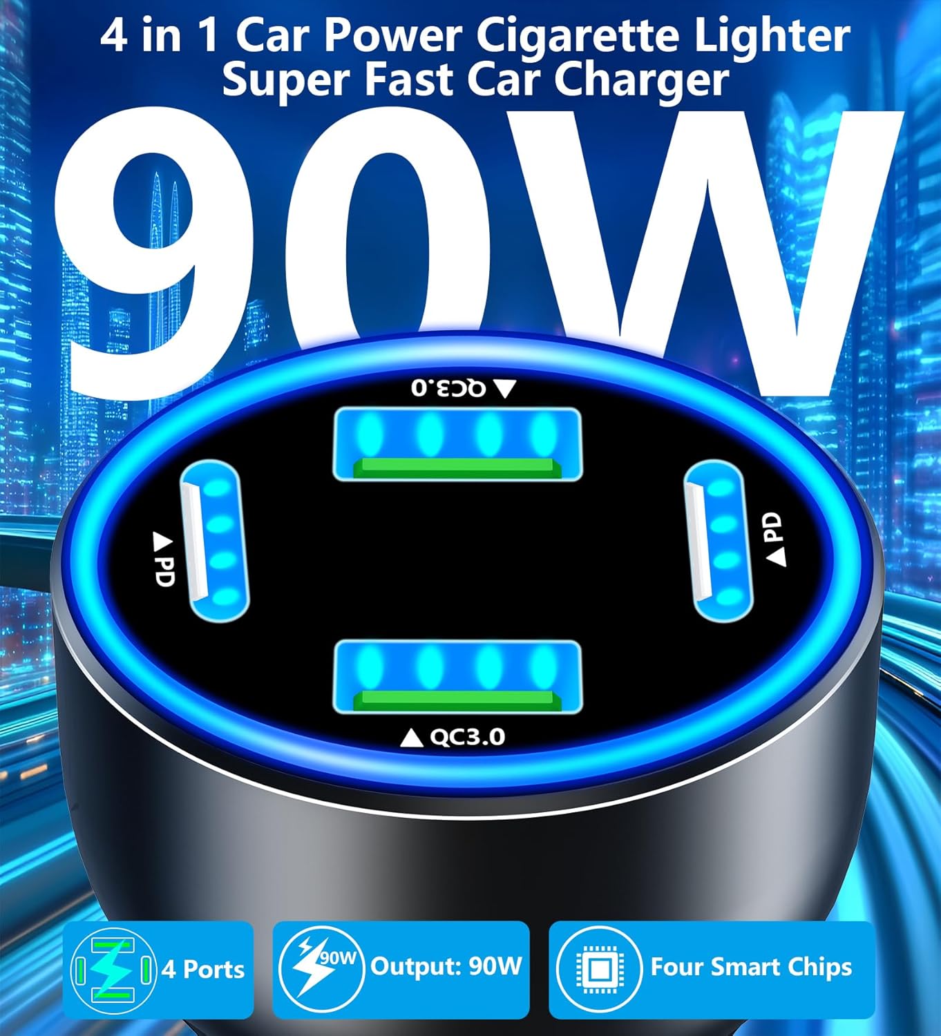 USB C Car Charger, Rombica 4-Port 90W Dual USB-C + USB-A Car Power Adapter, 4 in 1 PD/QC Type-C Fast Car Charging Cigarette Lighter for iPhone 17 17 Pro Max 16 15 14 13 12 11/Galaxy S23 S24/Pixel/iPad