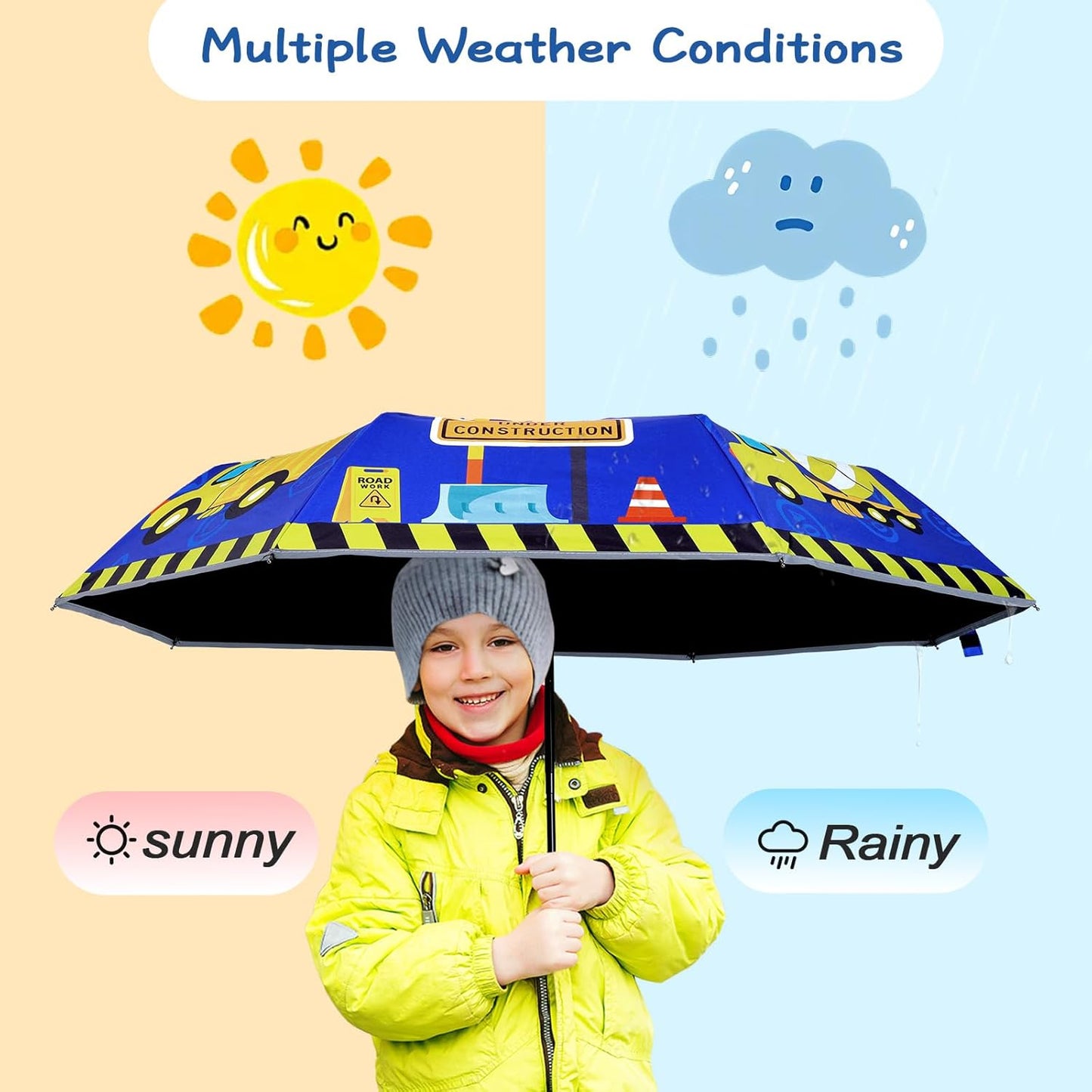 Kids Folding Umbrella Auto Open/Close Anti-rebound Safe Design UV Resistant Automatic Children Travel Umbrellas 8 Rib Reinforced Canopy 360° Reflective Strip Lightweight Cute Umbrella for Girls & Boys