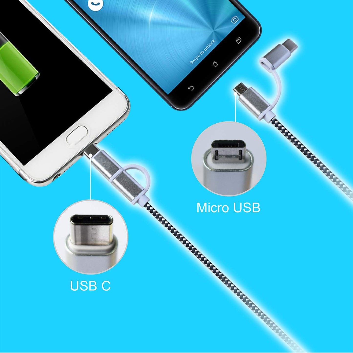 Fast USB Car Charger, Arttron Quick Charge 3.0 24W 4.8A Car Charger Adapter. with 3ft USB Type C &Micro 2 in 1 Fast Charging Cable,for iPhone/Samsung S24/S23/S22/S22+/Ultra/S21/Note 9/S10/