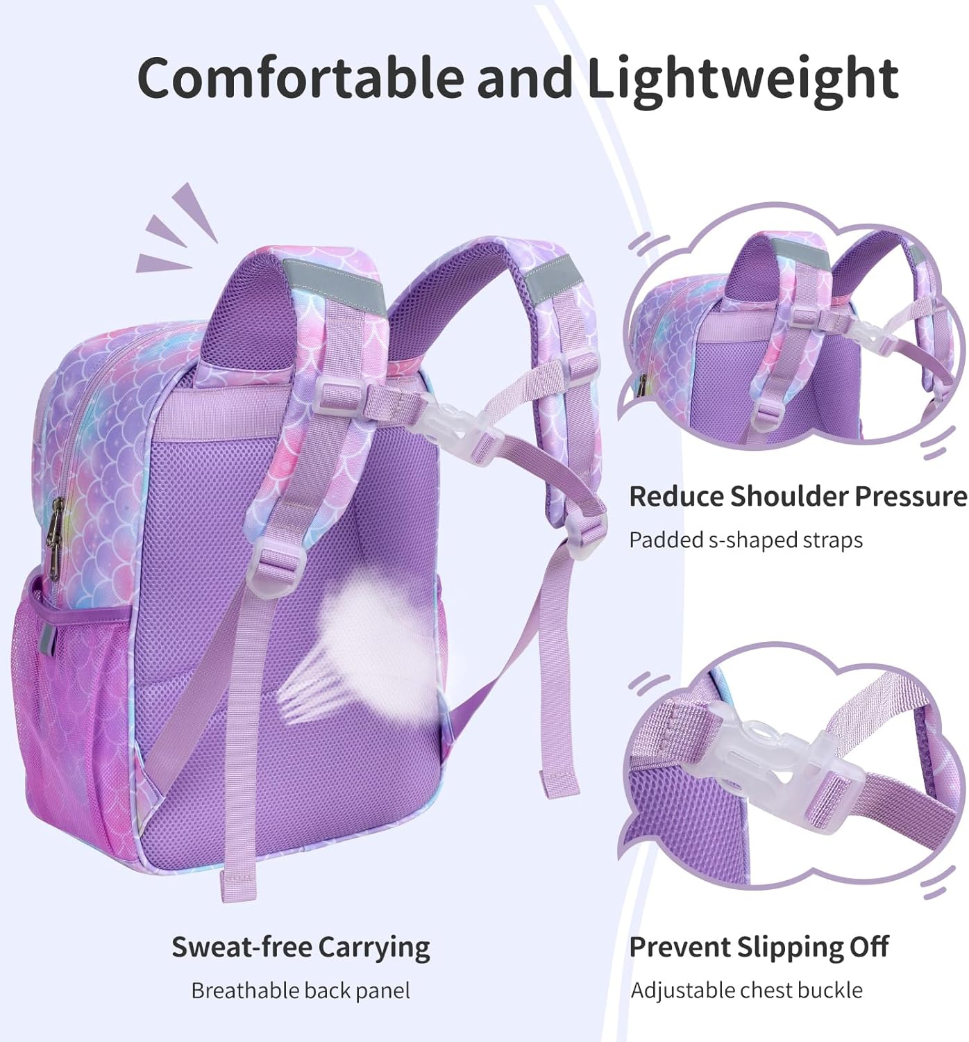 Kids Backpack for Girls - 15 Inch Mermaid Backpack for Kids 3 to 8, School Bookbag for Preschool Kindergarten Elementary 1st 2nd, with Insulated Pocket and Reflective Stripe, Purple Mermaid
