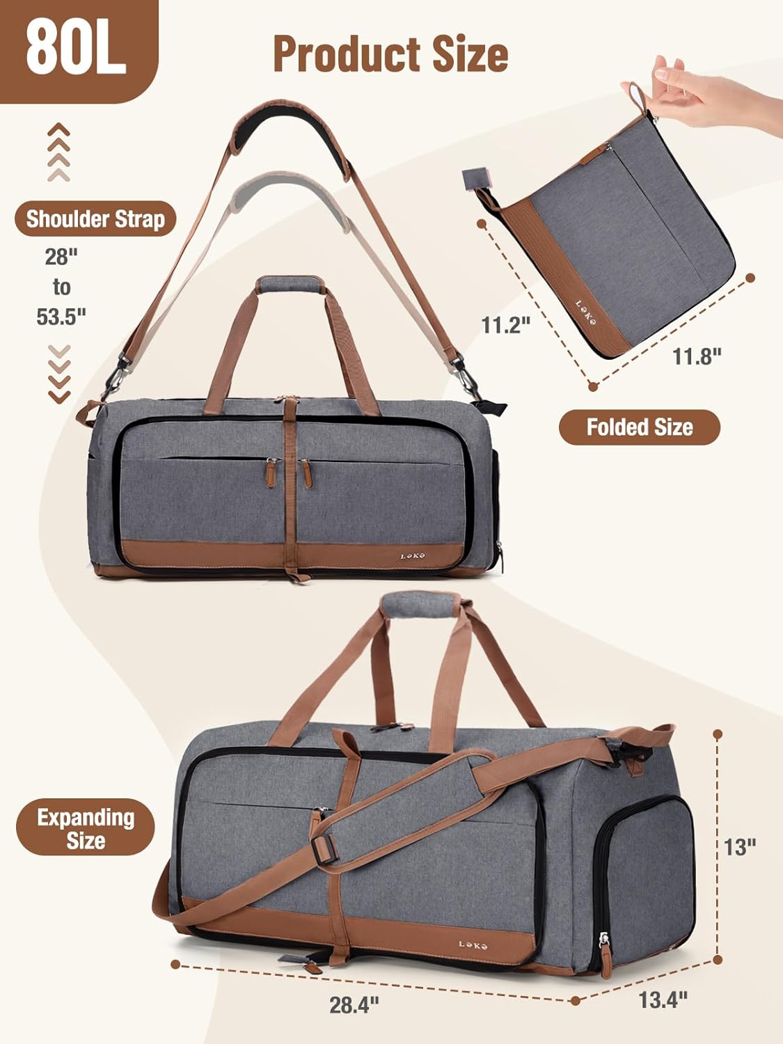 Lekesky Foldable Travel Duffel Bag for Women, 80L Large Duffle Bag with Separate Shoes Compartments