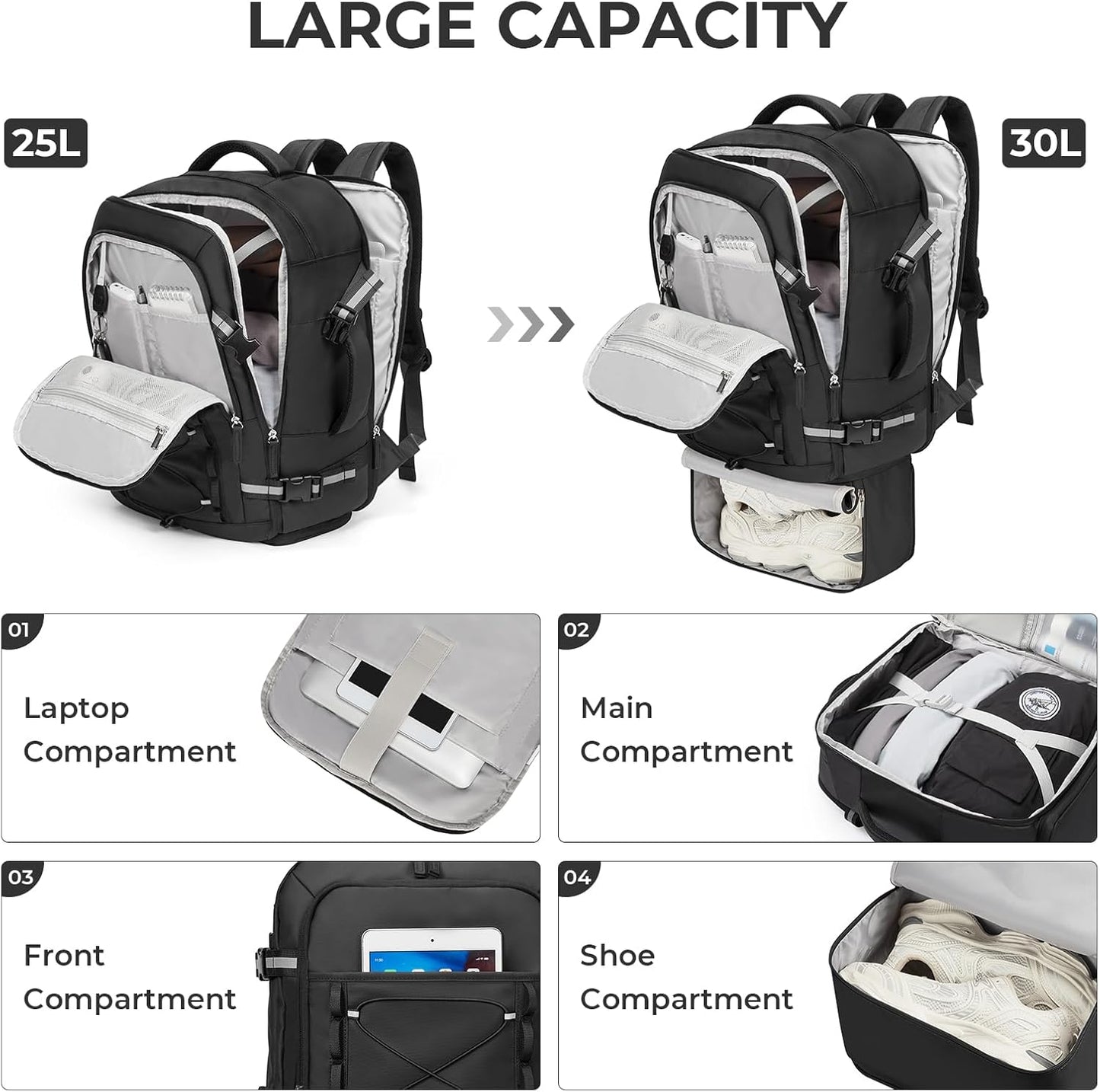 CLUCI Travel Backpack 30L, Waterproof Laptop Backpack Fits 17.3 Inch Laptop, Carry On Backpack with shoe compartment, Durable Expandable Go Bag, Large Hiking Backpack for Men Women（Black）