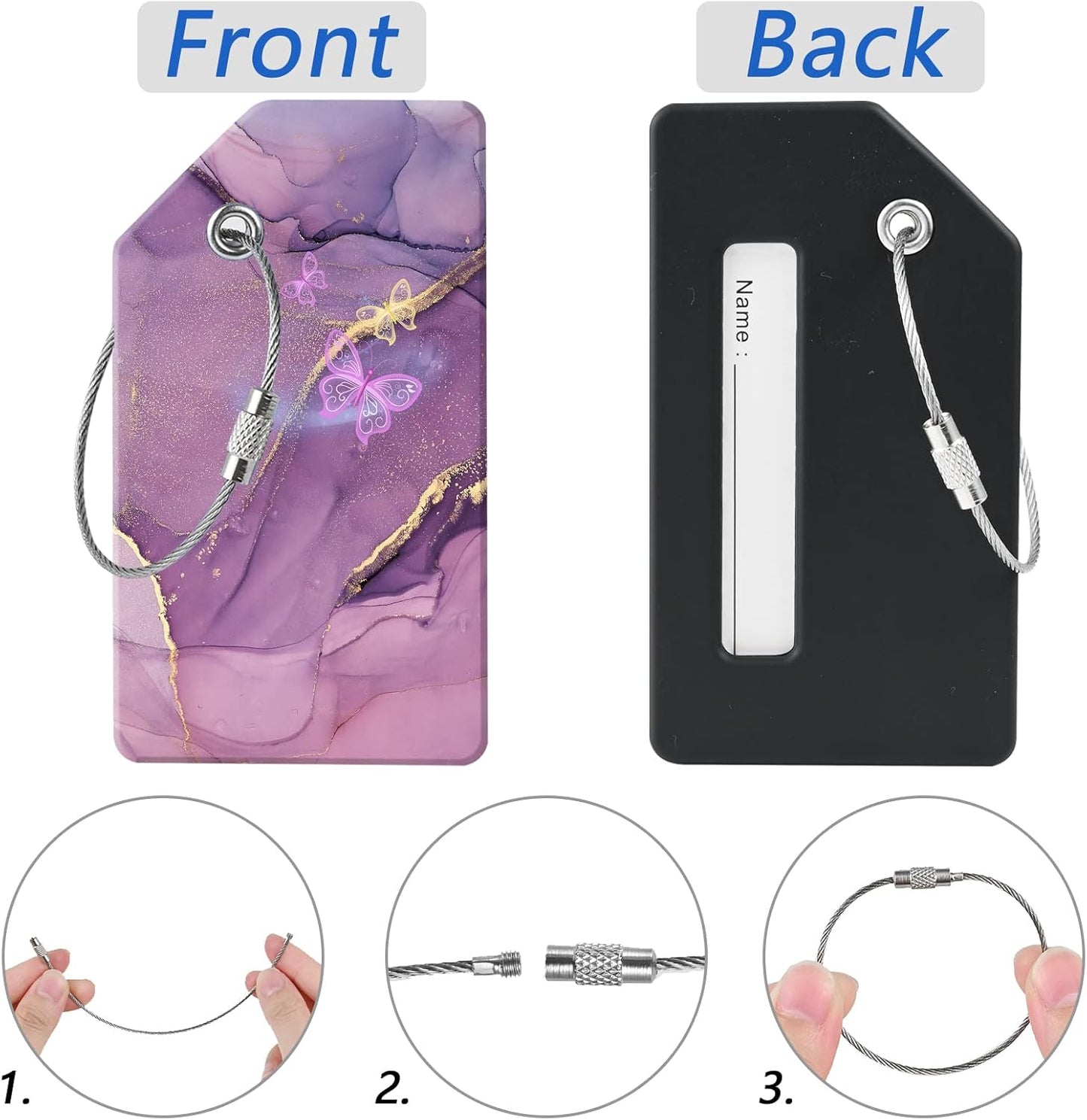 2 Luggage Tags, (1" Smaller Than Traditional) Perfect for Quick Luggage Identification with Stainless Steel Ring and Address Card for Travel and Luggage (Purple Butterfly)