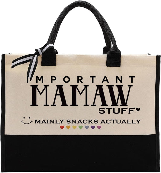 Cute Canvas Tote Bag, Mamaw Stuff Reusable Grocery Bag Gift for Her, Grandma Mom Gift for Mother's Day, Christmas, Birthday