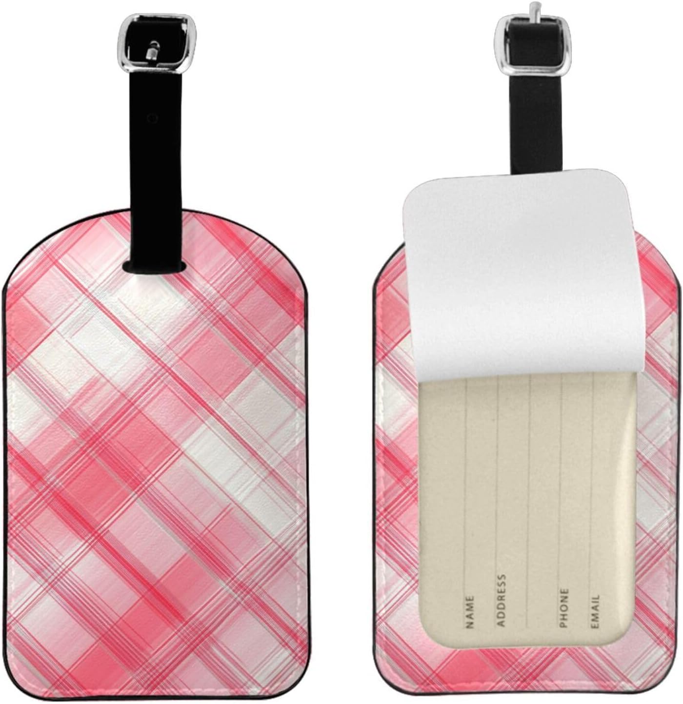 Pink White Plaid Luggage Tag Leather Suitcase Tags Cute Luggage Identifiers for Suitcases Privacy Cover Travel Name Tag for Kids Adult