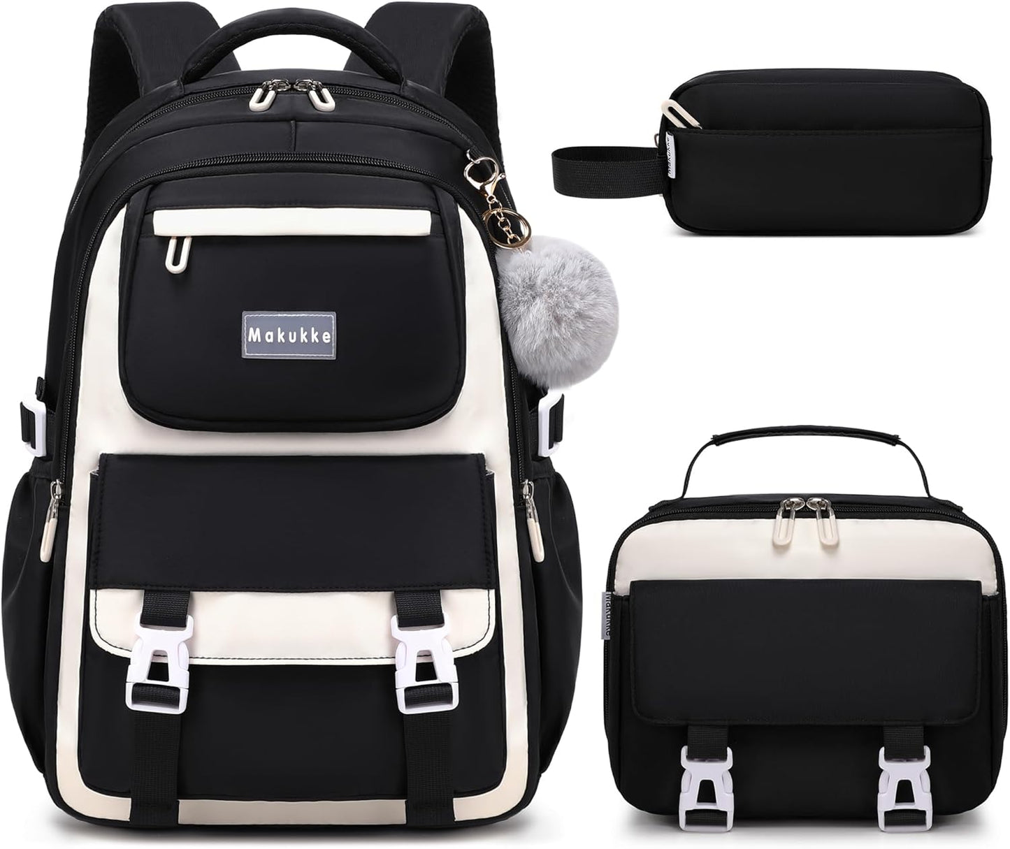 Makukke School Backpack for Girls Book Bag Set, School Bag for Teens Girls Kid Children Elementary Middle School Student, Waterproof Black Backpack