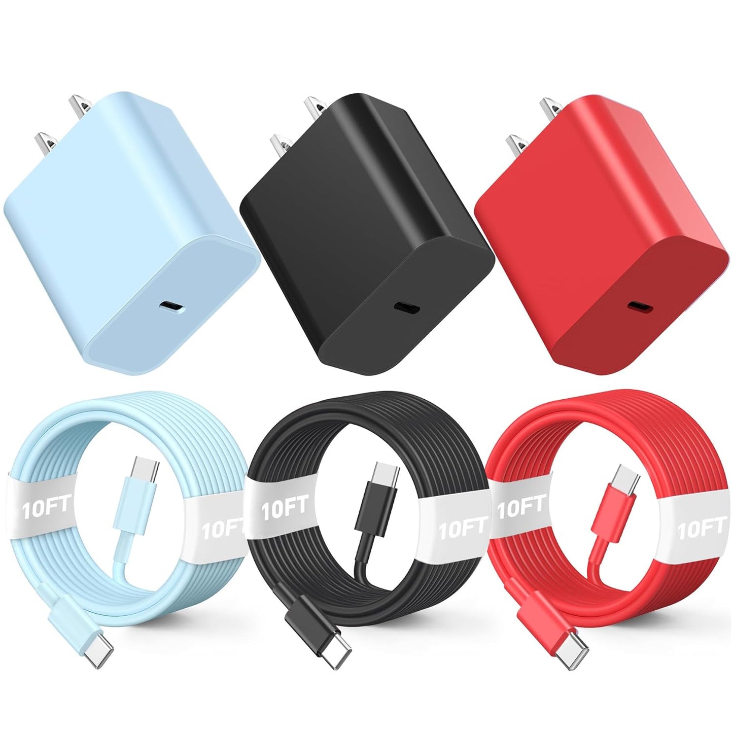 Compatible with Phone 16 15 Charger Fast Charging 10ft, 60W Fast Type C to C Charger Cord Long,15/16 Plus,15/16 Pro Max, for MaccBoook Pro/Air, for Pad Air 4/5/Minii 6/Pro 12.9/11,Blue/Black/Red