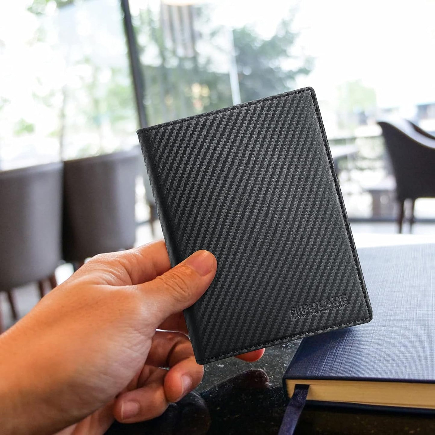 Polare Slim RFID Blocking Leather Passport Holder Travel Bifold Wallet For Men (Carbon Black)