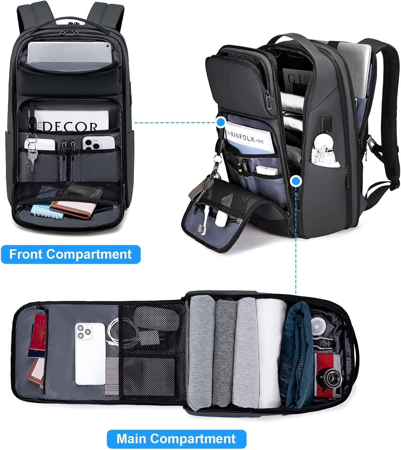 FENRUIEN 17 Inch Travel Backpack Gray, Expandable Water Resistant Computer Backpack with USB Port, Laptop Bag for Business/College/Work