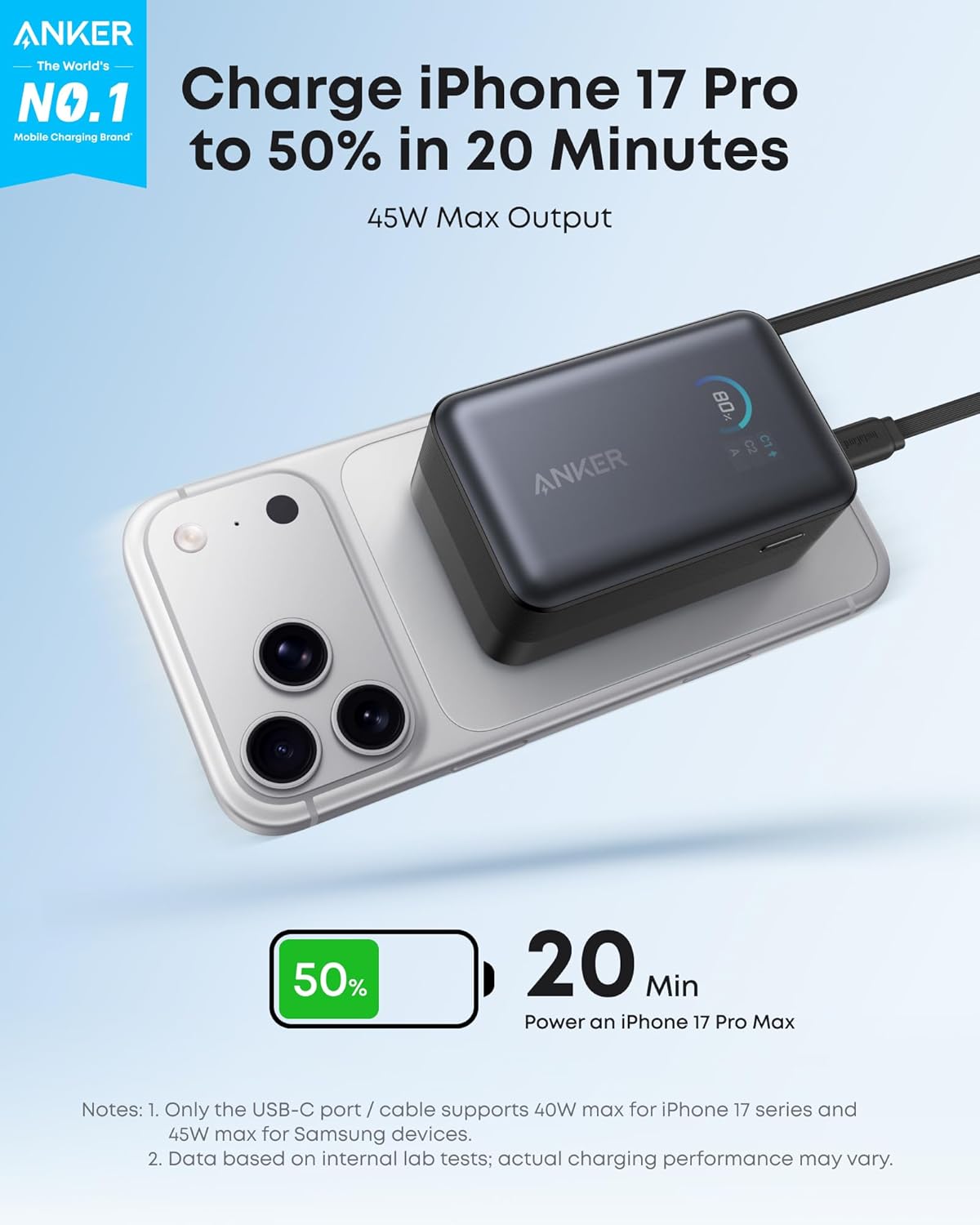 Anker Nano Portable Charger, 10,000mAh 45W Max Compact Power Bank, Travel Essential Phone Battery Pack with 2.3 ft InstaCord Retractable Cable for iPhone 17/16 Series, iPad, Galaxy, Pixel, and More
