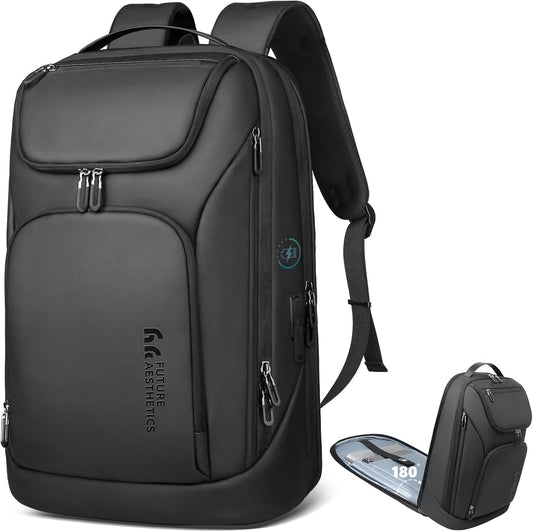 hk Business Smart Backpack for Men Anti-Theft for 17.3 Inch Laptop with USB Charging Port Water-Resistant Large Durable Compact 30L for Travel College Work-Deep Black