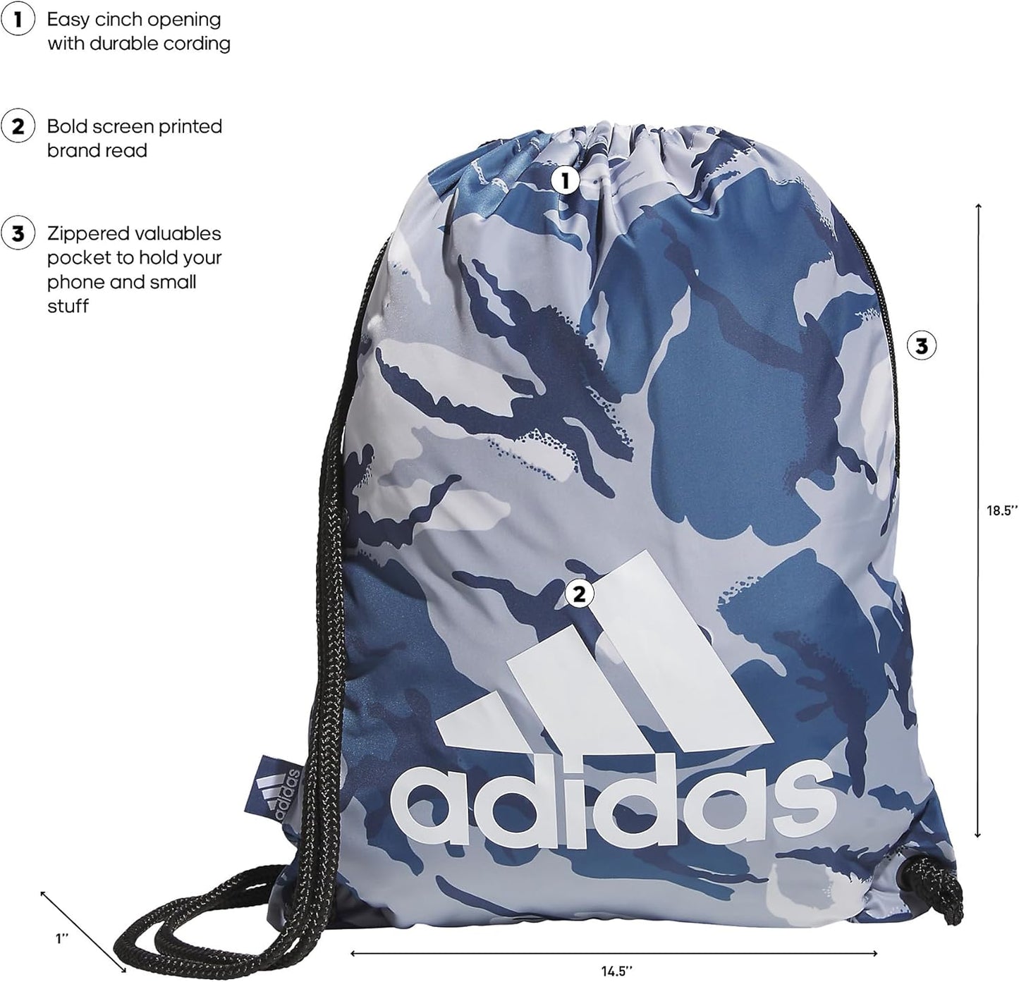 adidas Ready Sackpack – Drawstring Backpack Lightweight Small Gym Bag, Woodland Essential Camo Preloved Ink/White/Black/1.0, One Size