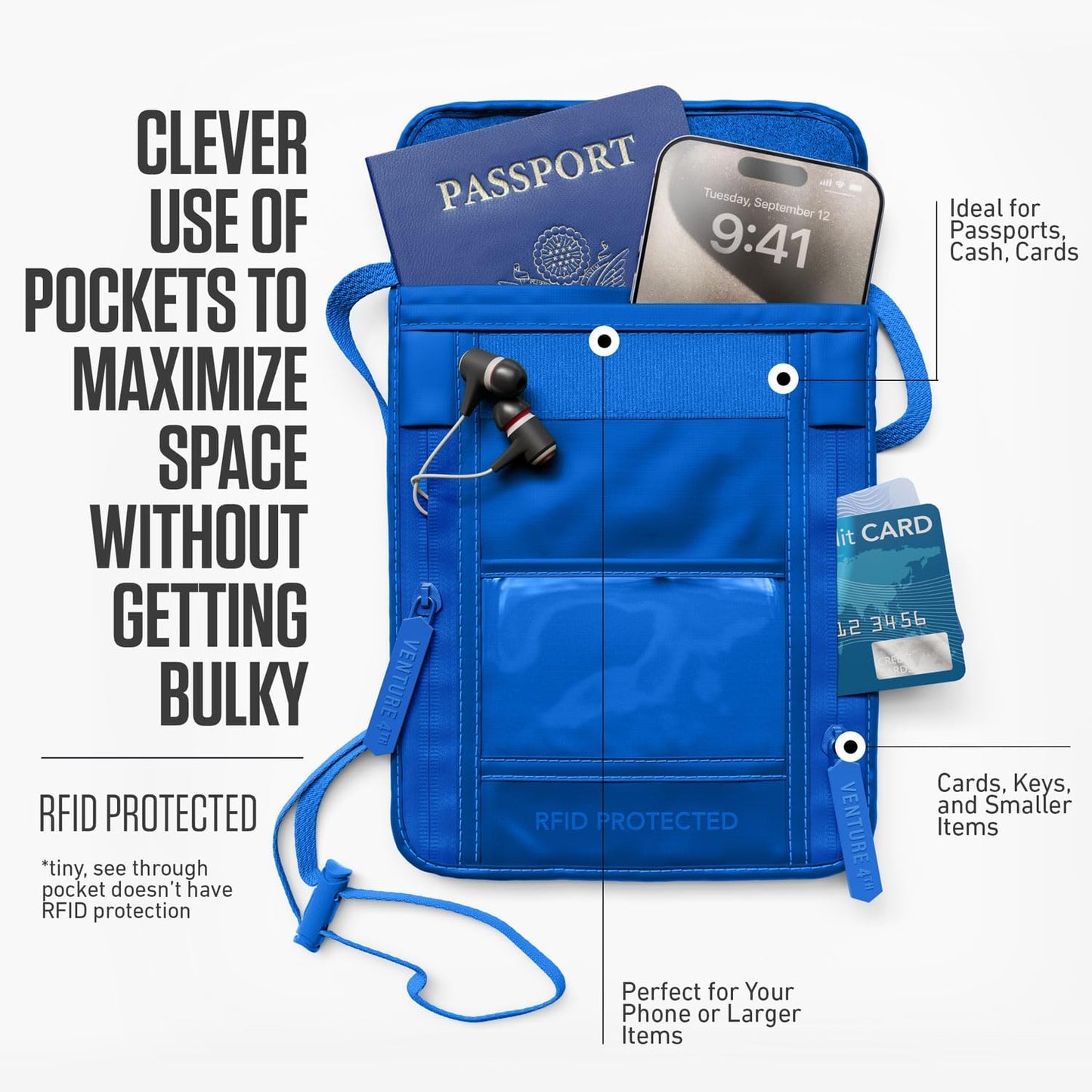 VENTURE 4TH Neck Wallet, RFID Blocking Passport Holder for Travel – Hidden Neck Pouch with 5 Compartments, Slim Lightweight Organizer with Adjustable Strap for Cash, Cards & Passport (Sleek Blue)