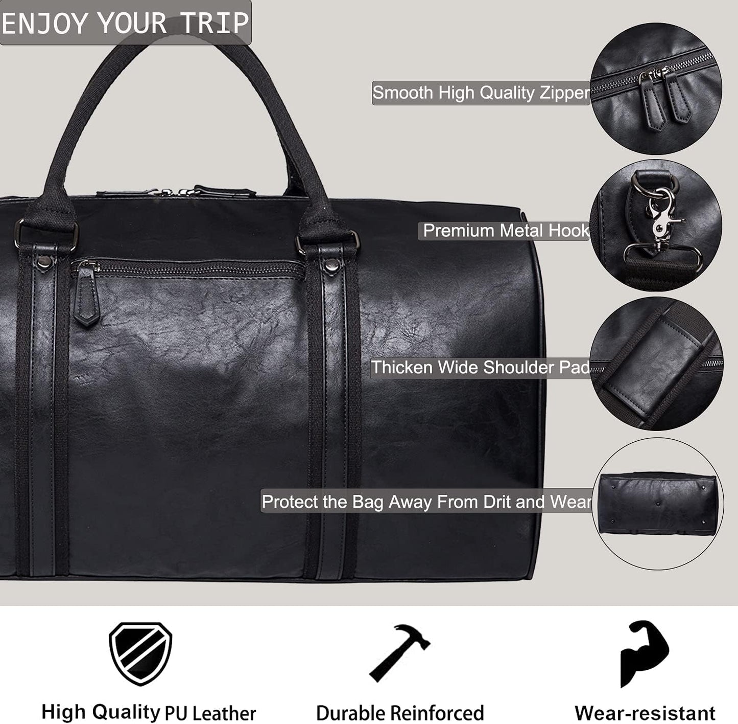seyfocnia Oversized Duffle Travel Bag Waterproof Leather Weekend Bag Large Carry On Large Carry On Hangbag for Mens or Women