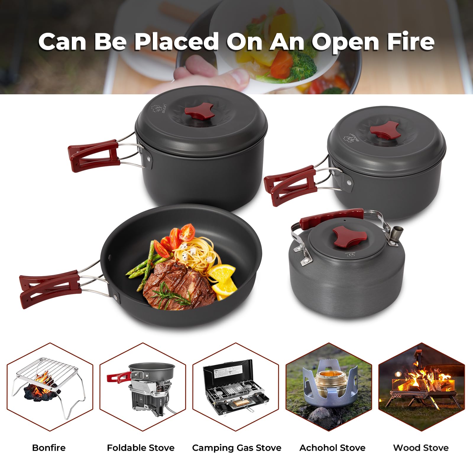 Bulin Camping Cookware, Portable Pots Kettle and Pans Set, 13 PCS for 3-4
