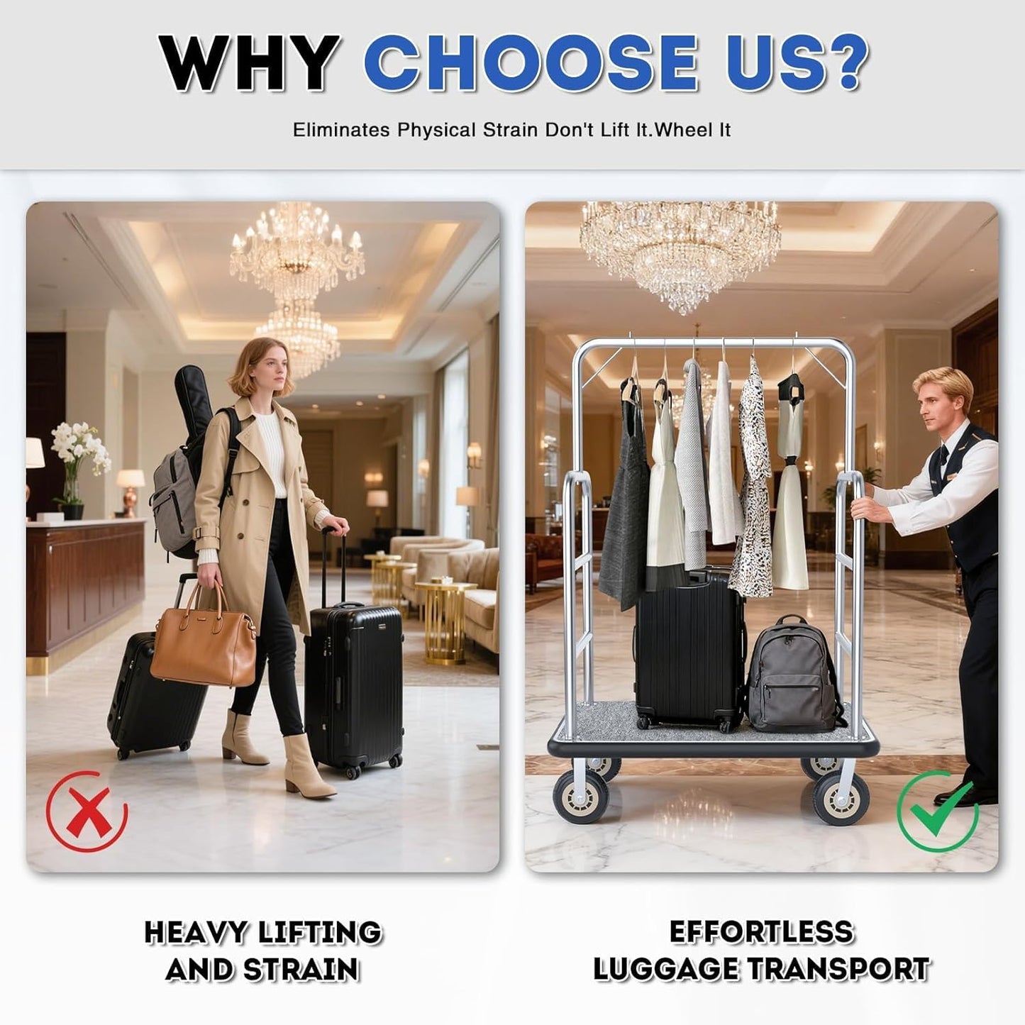 Heavy Duty Luggage Cart - 8" Wheels with Brackets, Commercial Grade Hotel Luggage Trolley, Deluxe Rectangular Steel Bellman Cart with Platform for Hotels Use, 1300lbs Capacity