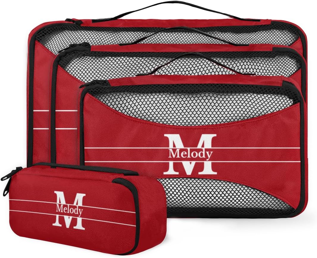 4pc Personalized Name Packing Cubes for Travel - Luggage Packing Organizers - Travel Packing Cubes for Suitcases, Solid Red Color with Initial Letter
