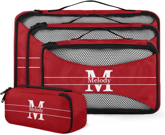 4pc Personalized Name Packing Cubes for Travel - Luggage Packing Organizers - Travel Packing Cubes for Suitcases, Solid Red Color with Initial Letter