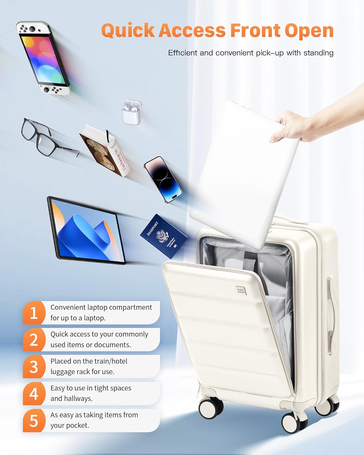 24 Inch Expandable Luggage Check In - Front Pocket Hardside Travel Suitcase Unbreakable -with Cup Holder,USB Charge,Side Pothook, 360°Spinner Wheels, TSA Lock, White
