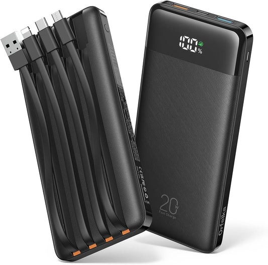 20000mAh Power Bank Fast Charging, Portable Charger with 4 Built-in Cables & 6 Outputs, 20W PD USB C Battery Pack Compatible with iPhone 16/15, Galaxy, Android, iPad & More (Travel Essential)