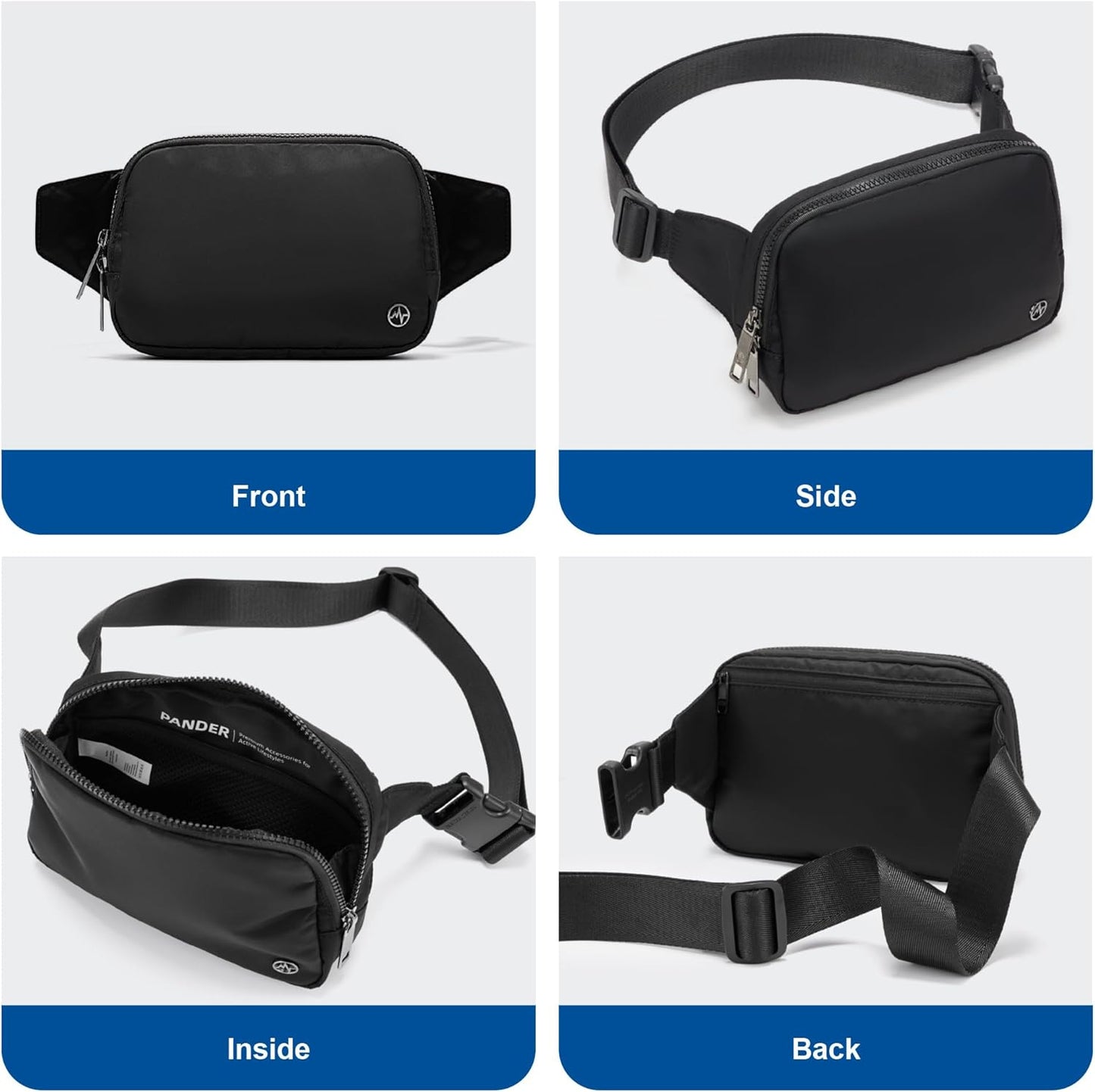 Pander Belt Bag Large 2L, Nylon Fanny Pack Purse for Women and Men with Adjustable Strap