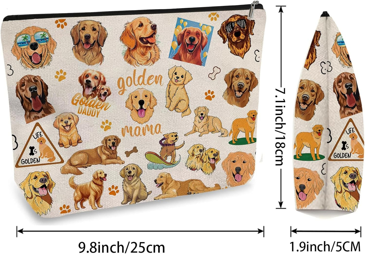 DOOX Golden Retriever Makeup Bags with Lining, Funny Cosmetic Bags Pencil Pouch - Double-Sided Print - Cute Birthday & Christmas Golden Retriever Gifts for Daughter, Sister, Women