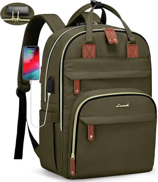 LOVEVOOK Laptop Backpack for Women & Men, Unisex Travel Anti-theft Bag Business Computer Backpacks Purse College backpack, Casual Hiking Daypack with Lock, 17 Inch, Army Green