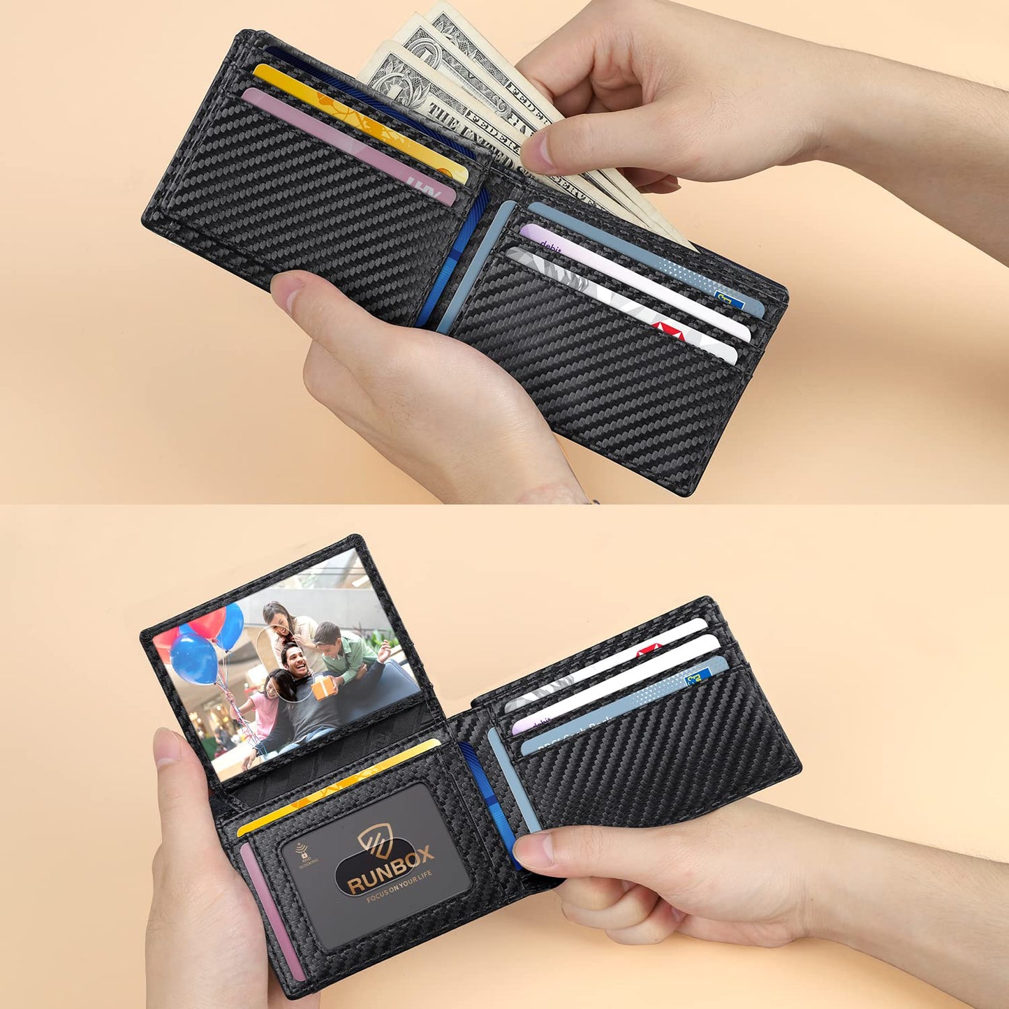 RUNBOX Wallet for Men Slim Leather Bifold RFID Blocking with 2 ID Windows