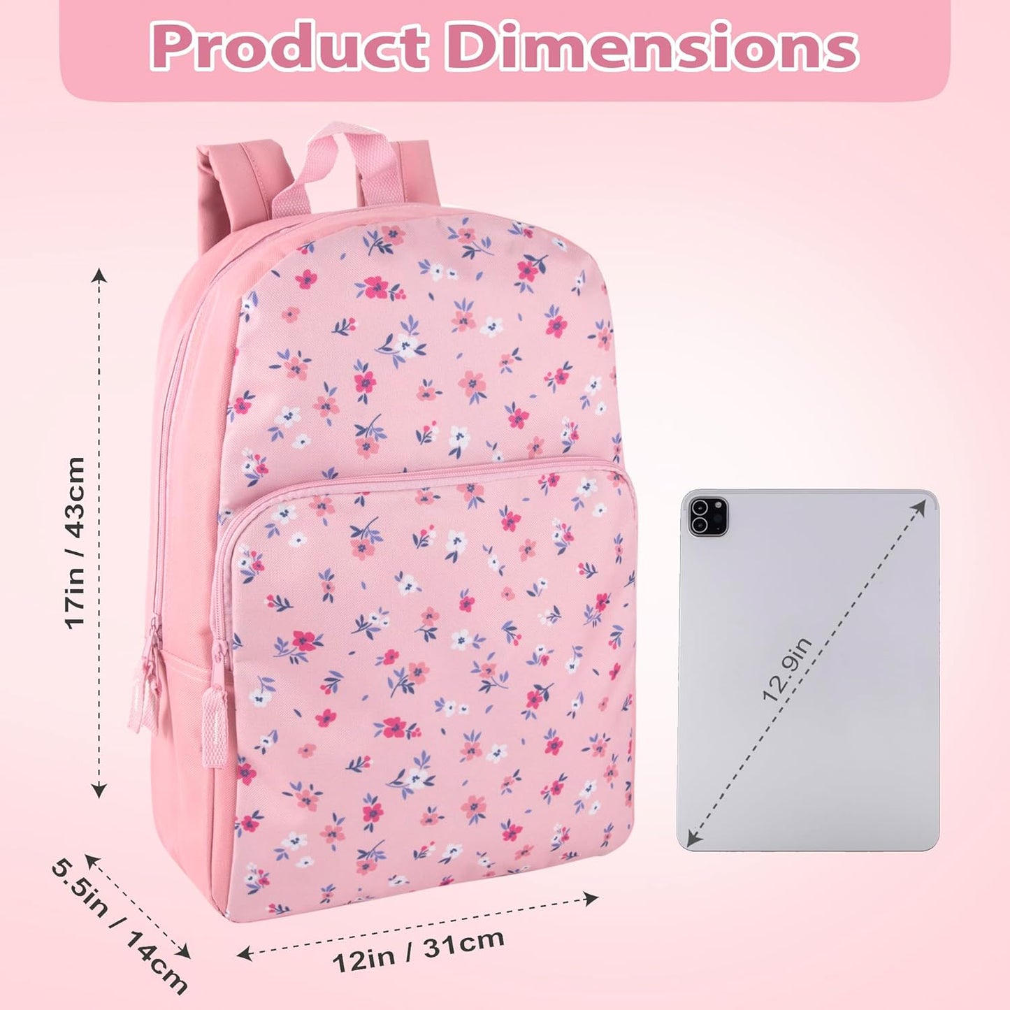 Fun School Backpack for Elementary Middle School Girls and Boys | 17 Inch Printed Backpacks for School Kids, Travel (Pretty Pink Flowers)