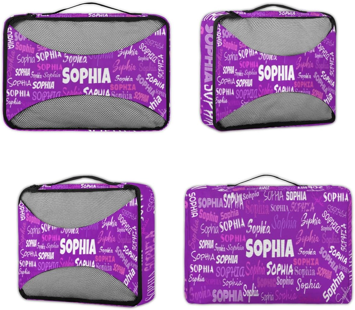 Personalized Compression Packing Cubes with Name, Dark Violet Purple 4 Set Mesh Travel Organizer