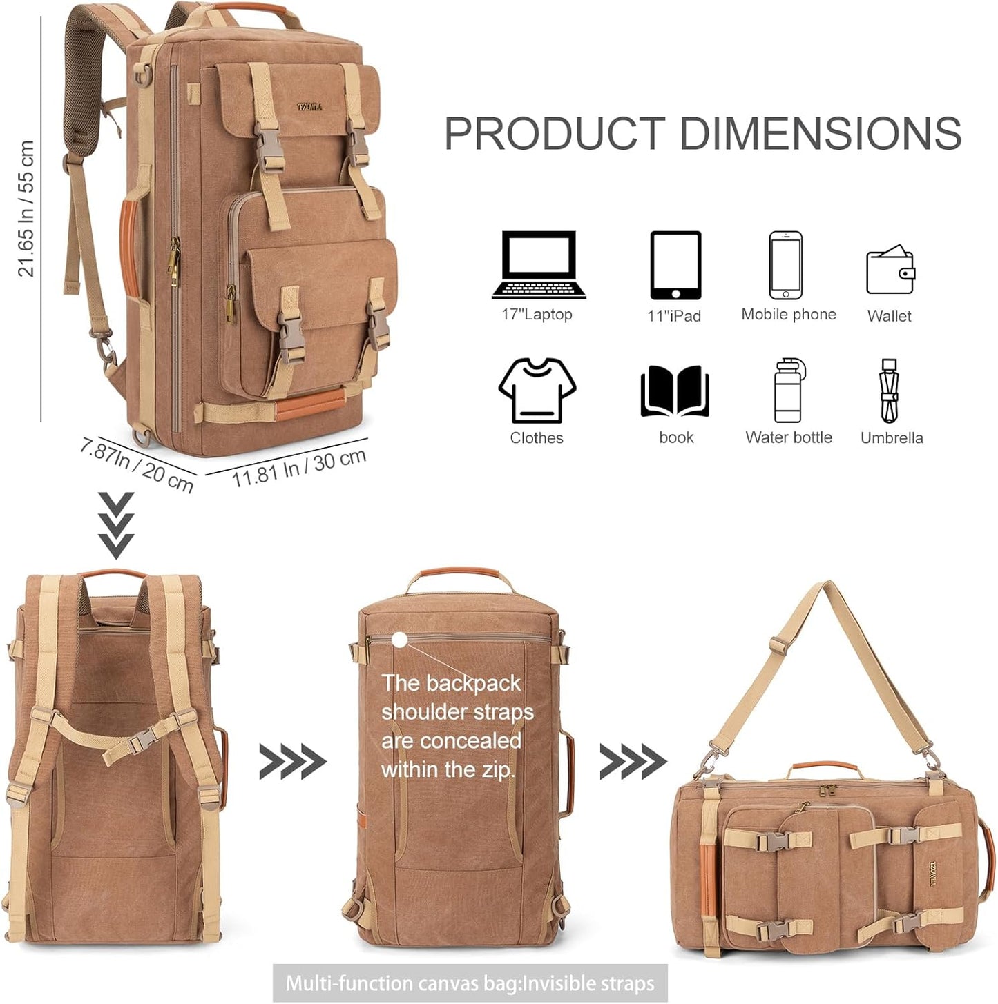 Tzowla Canvas Travel Backpack Carry on Flight Approved,Large Vintage Messenger Bag,3-in-1 Convertible Backpacks Duffel Bag,Personal ltem Laptop Rucksack for Men and Women Fit 17 Inch Laptop(Brown)