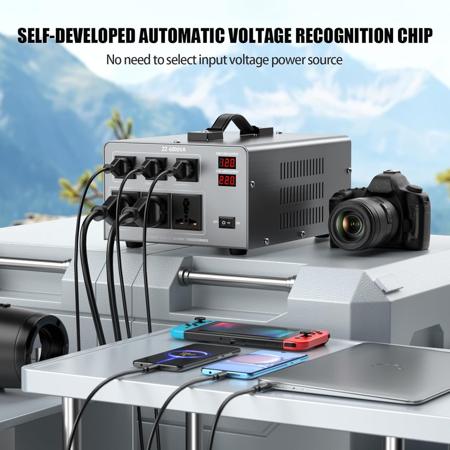 6000W Voltage Converter Auto Transformer,110/120/220/240V Heavy Duty Step Up/Down Power Converter Transformer with 3 US Outlets,3 Universal Outlets, LCD Display,Resettable Circuit Breaker Protection