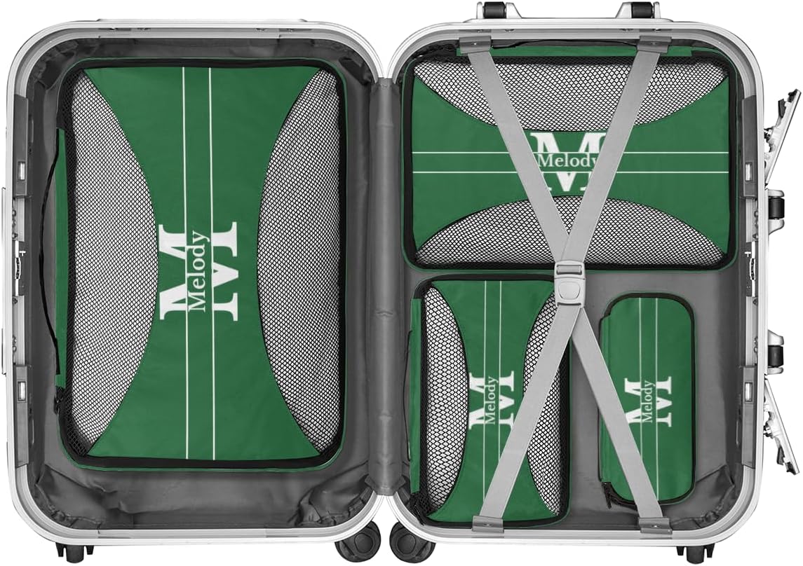 Custom Name Compression Packing Cubes Luggage Organizer Bags for Travel, Forest Green with Initial Letter Double Zipper Packing Cubes for Suitcases for Men Boys
