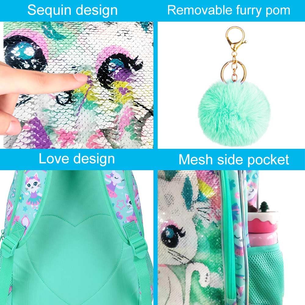 UFNDC 3PCS Backpack for Girls with Lunch Box,16”Kids Sequin Bookbag with Lunch Box, School Bag for Elementary Toddler